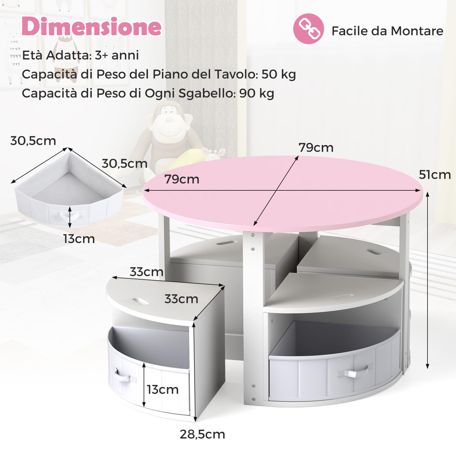 COSTWAY Set Tavolo e Sedie per Bambini a 5 Pezzi, Tavolino Rotondo Salvaspazio con 4 Sgabelli, Ripiano e 4 Cassetti in Tessuto, Set Mobili per Cameretta, Asilo e Disegnare (Rosa)