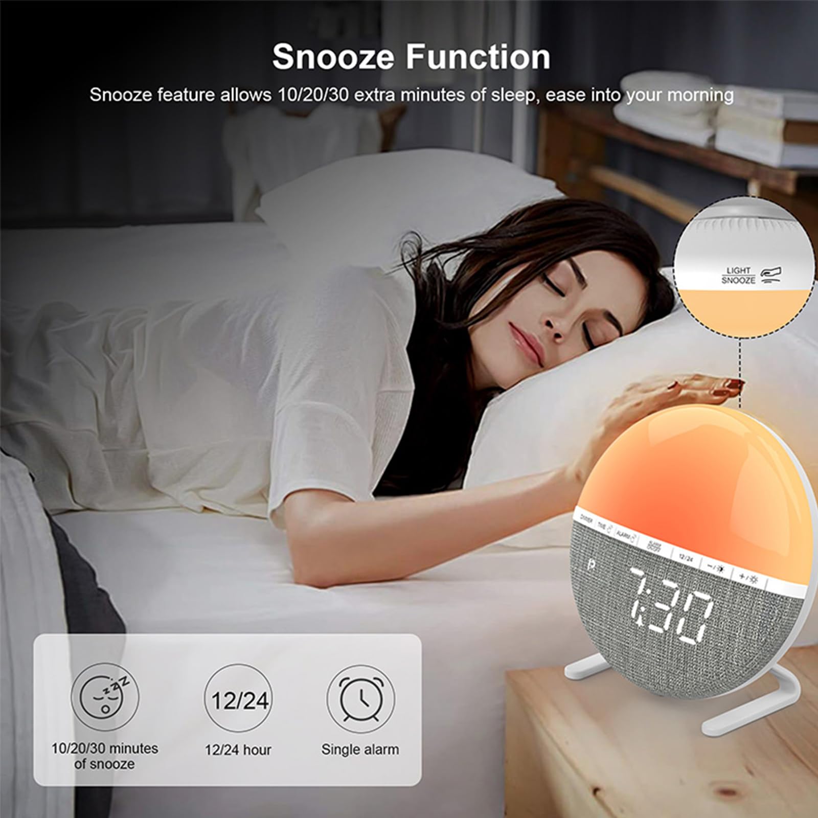 Despertador Luz Amanecer, Simulador de Amanecer con Función de Repetición, Despertador Luz Natural, Wake Up Light con 10 Niveles de Brillo, 7 Sonidos Naturales, 8 Modos de Color para Adultos y Niños
