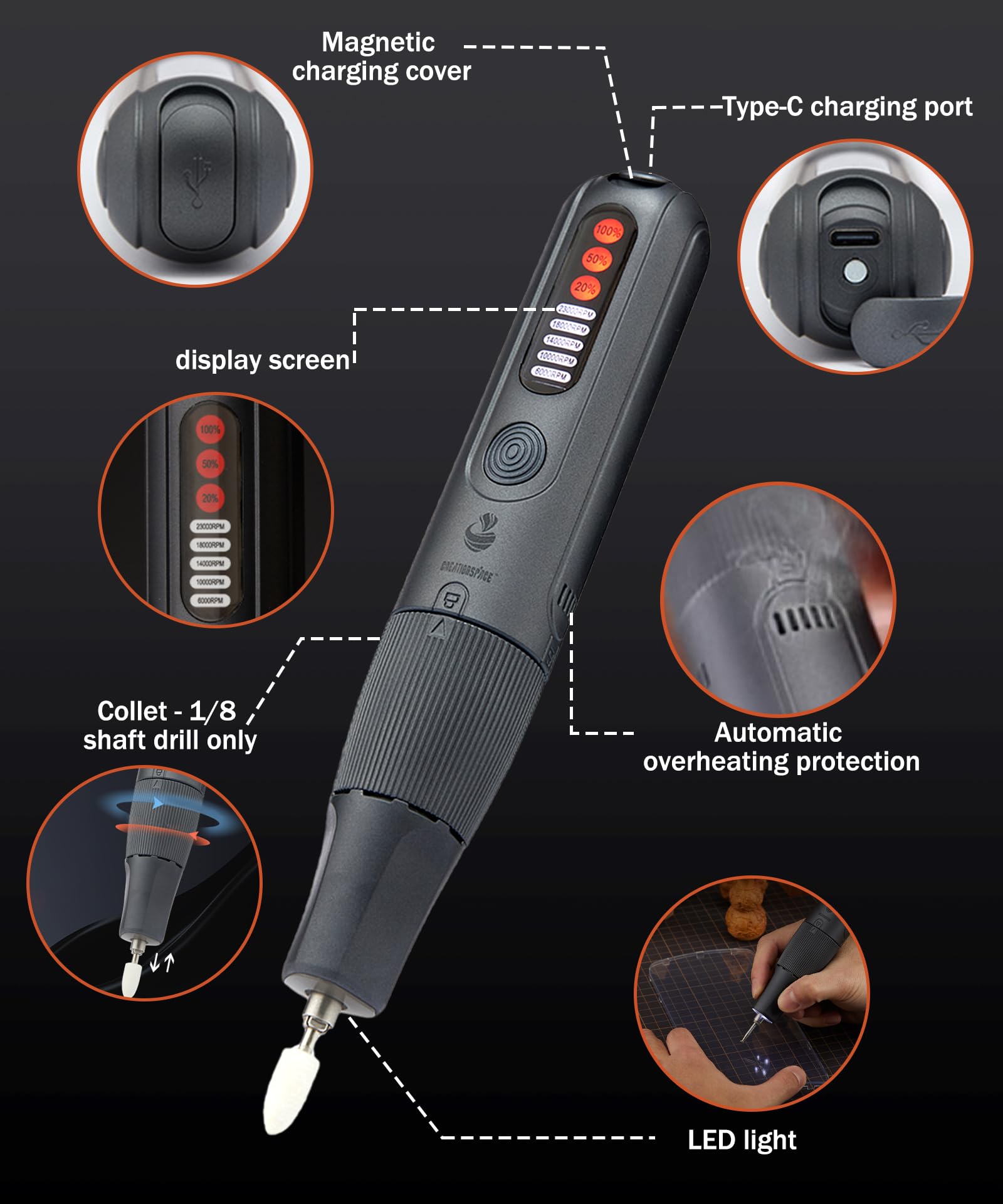 Mini Trapano Elettrico 8V Mini Trapano a Batteria | 5 Velocità (6000-23000RPM) con 56 Accessori | Utensile Rotante Multifunzione per Fai da Te | Luce LED, Ricarica USB-C | Leggero e Compatto