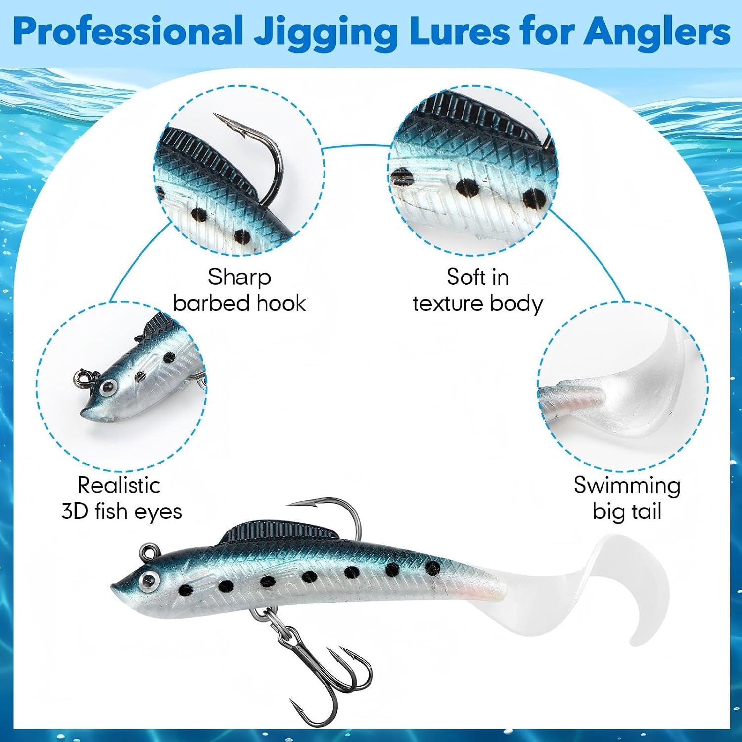 Fishing Lures Soft Plastic Lures for Bass Jig Head Swimbait Lifelike Soft Plastic Baits Tackle Kit for Saltwater and Freshwater, Multicolor