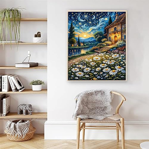 Miniatura 9 de Artunion Pintura de castillo de noche estrellada por números para adultos principiantes, kits de pintura abstracta por números, pintura al óleo por