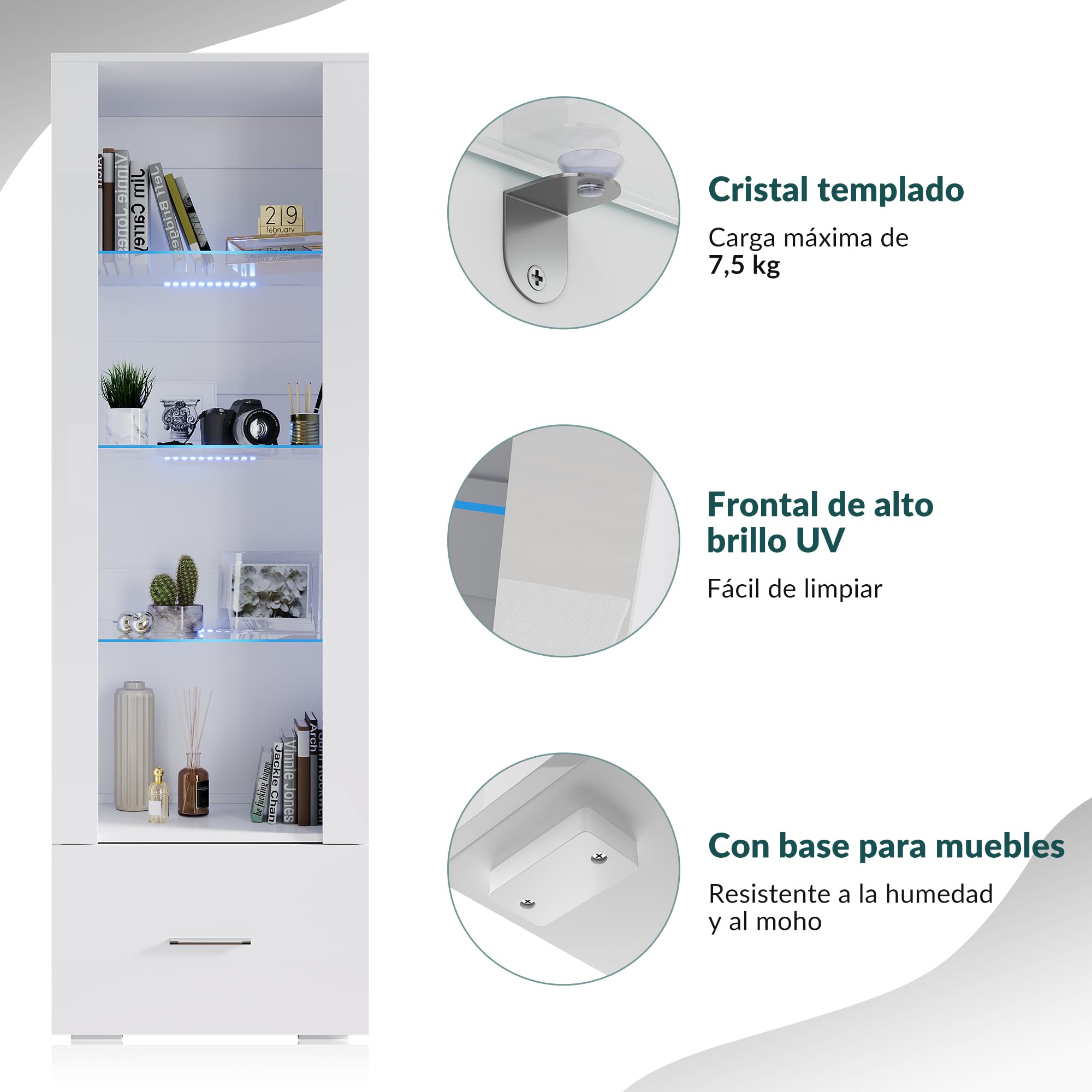 SONNI vitrinas LED con estantes de Cristal, Luces Armario para Armario de Almacenamiento para Sala de Estar, Blano W55xD35xH172cm