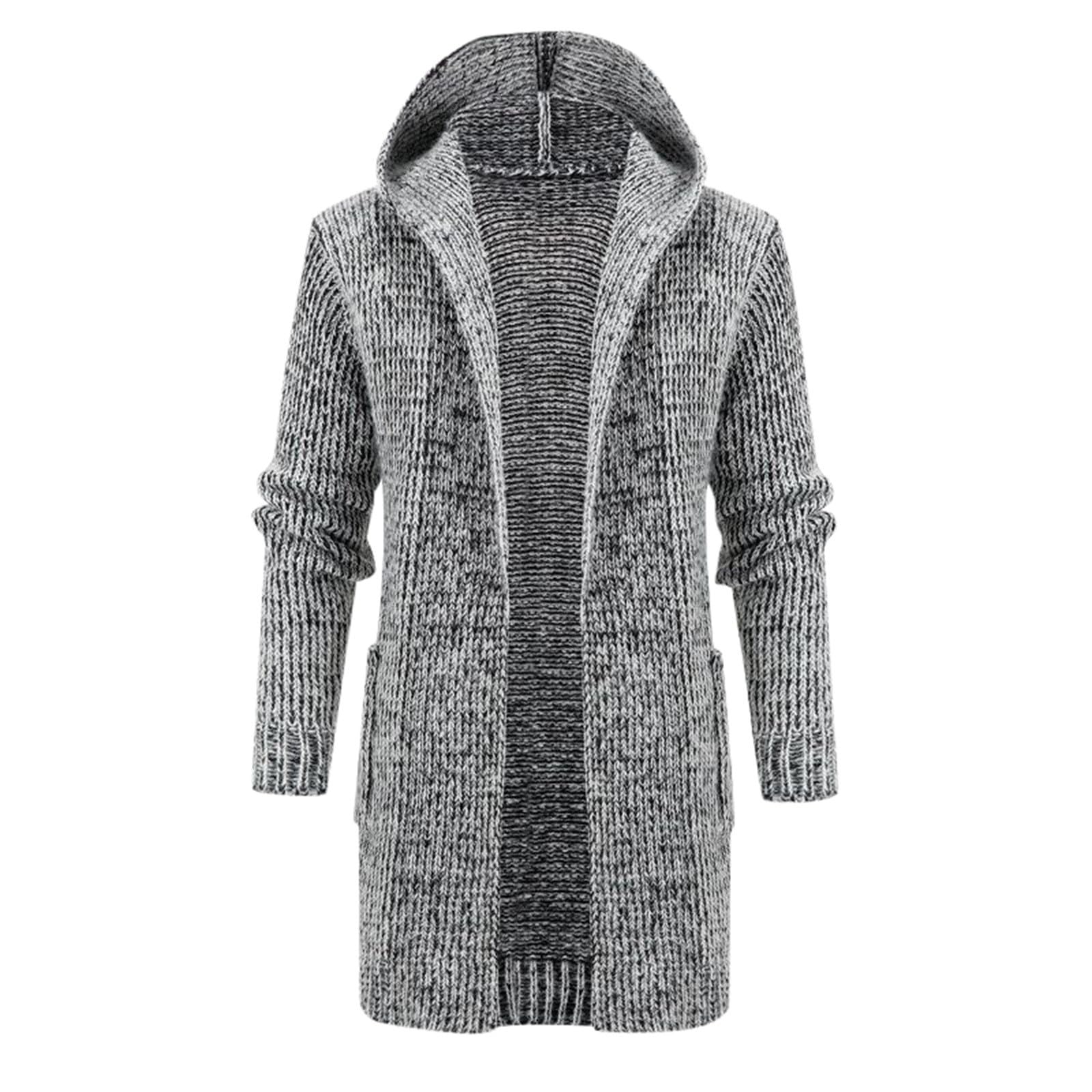 Cardigan da uomo in cotone, cardigan lungo, da uomo, con cappuccio, bottoni, invernale, caldo, a maglia grossa, elegante tinta unita