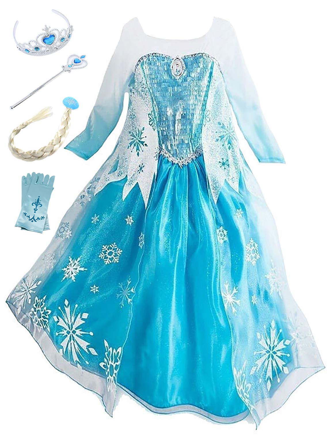 New front Niña Frozen Vestido de Disfraz Princesa Elsa Cumpleaños Regalo 3-8 Años Vestido de Noche Corona Varita Mágica Navidad Halloween Carnaval Cosplay