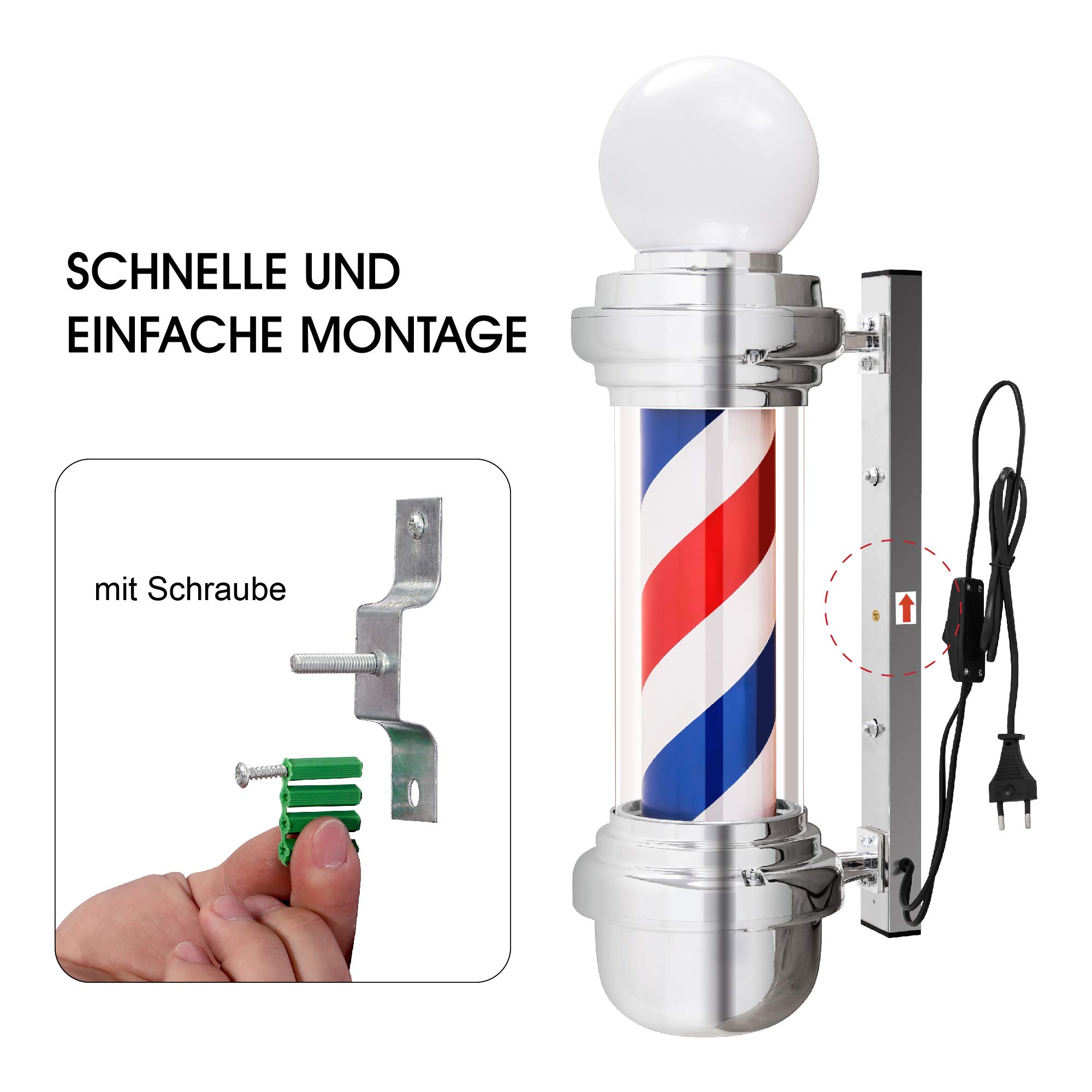 Barberpub Barber-Pole Barbierstab Friseurstange mit LED-Kugelleuchte Salon Einrichtung, Drehbar, klassisch rot-weiß-blaue Säule Barbershop-Säule, Energieklasse G