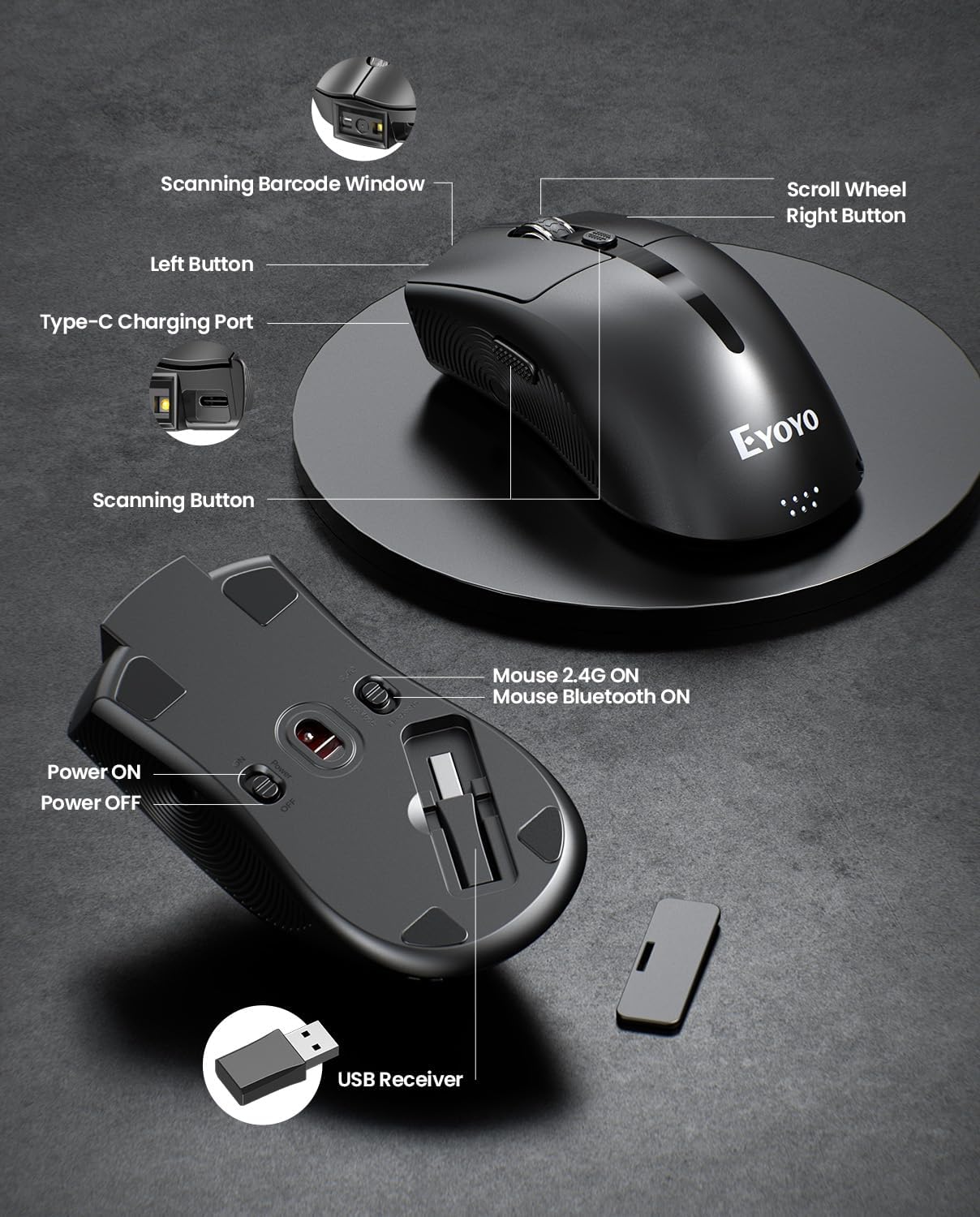 Eyoyo Wireless Mouse Barcode Scanner: 2-in-1 Bluetooth QR Code Scanner & Mouse Combo with 1200mAh Battery & Power Indicator, Portable 1D 2D Barcode Reader for POS System, Laptop, Retail, Home Business