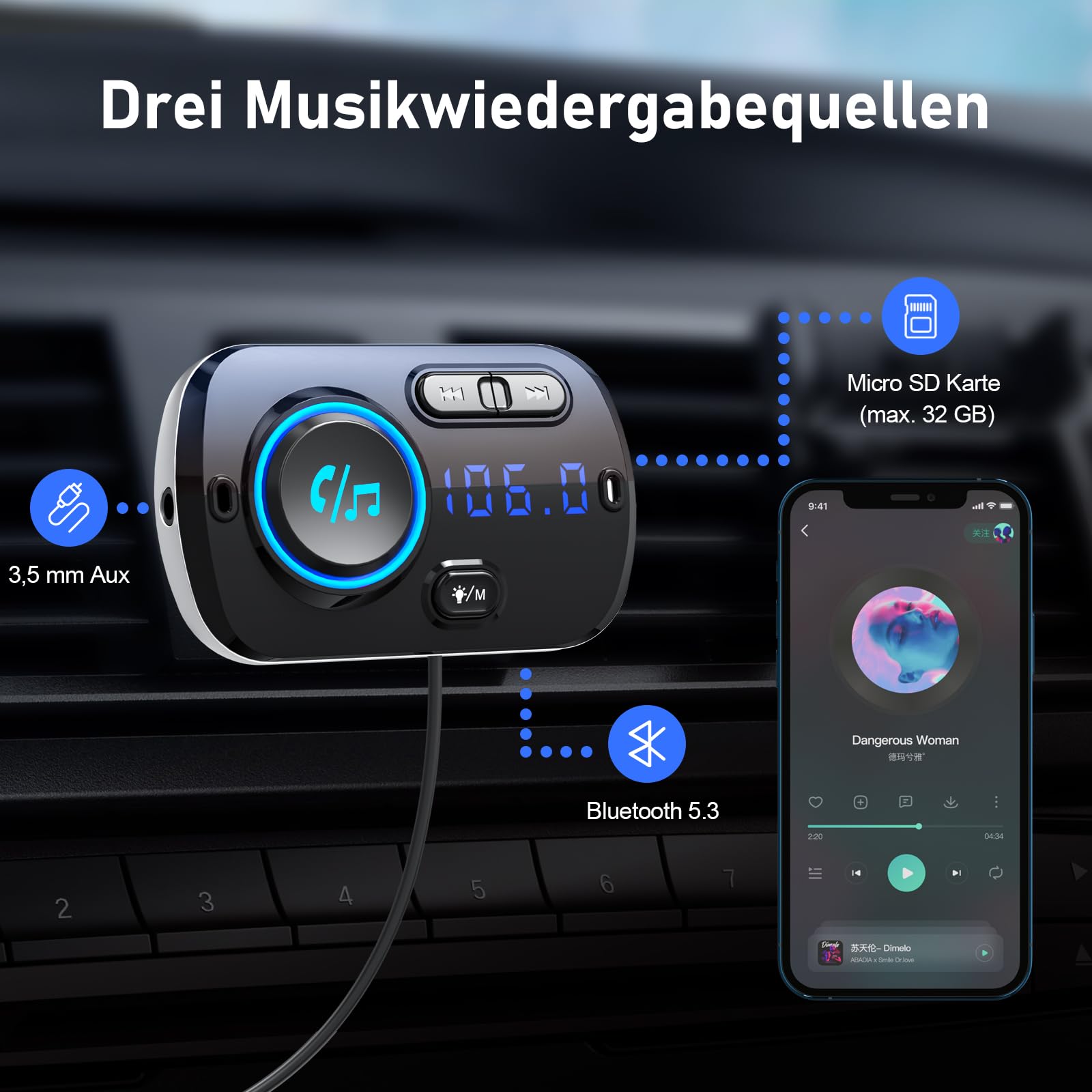 Bluetooth 5.3 FM Transmitter, SONRU Bluetooth Adapter Auto mit Freisprechanlage, [30W PD & 18W QC3.0] Schnelles Autoladegerät mit LED Farblicht Unterstützungs Aux Ausgang und TF Karte