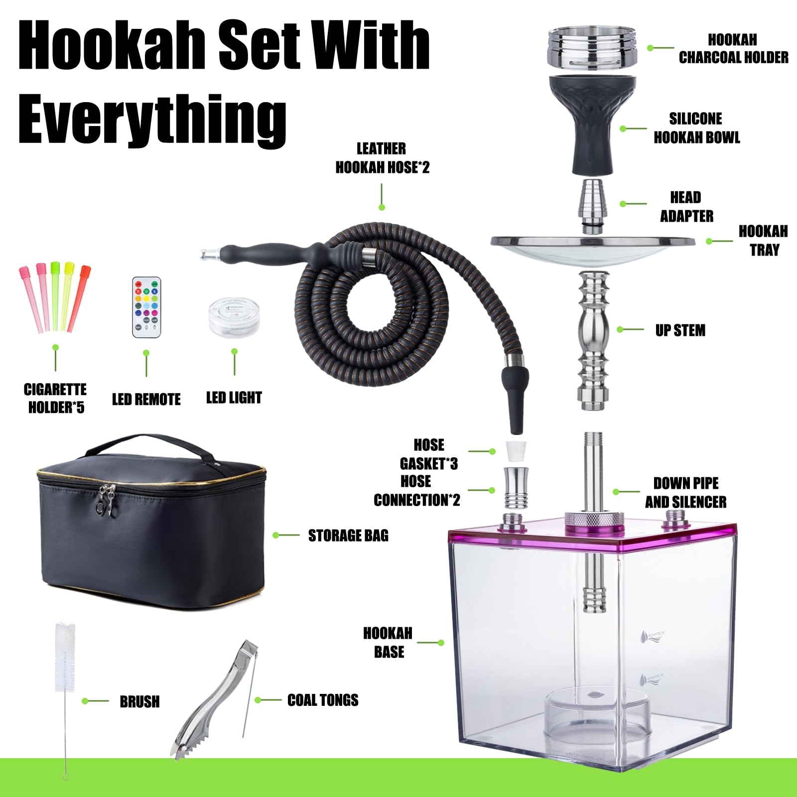SunWamntin Pink Modern Acrylic 2 Hose Hookah Set with Everything - Complete Hookah Kit for Narguile Smoking