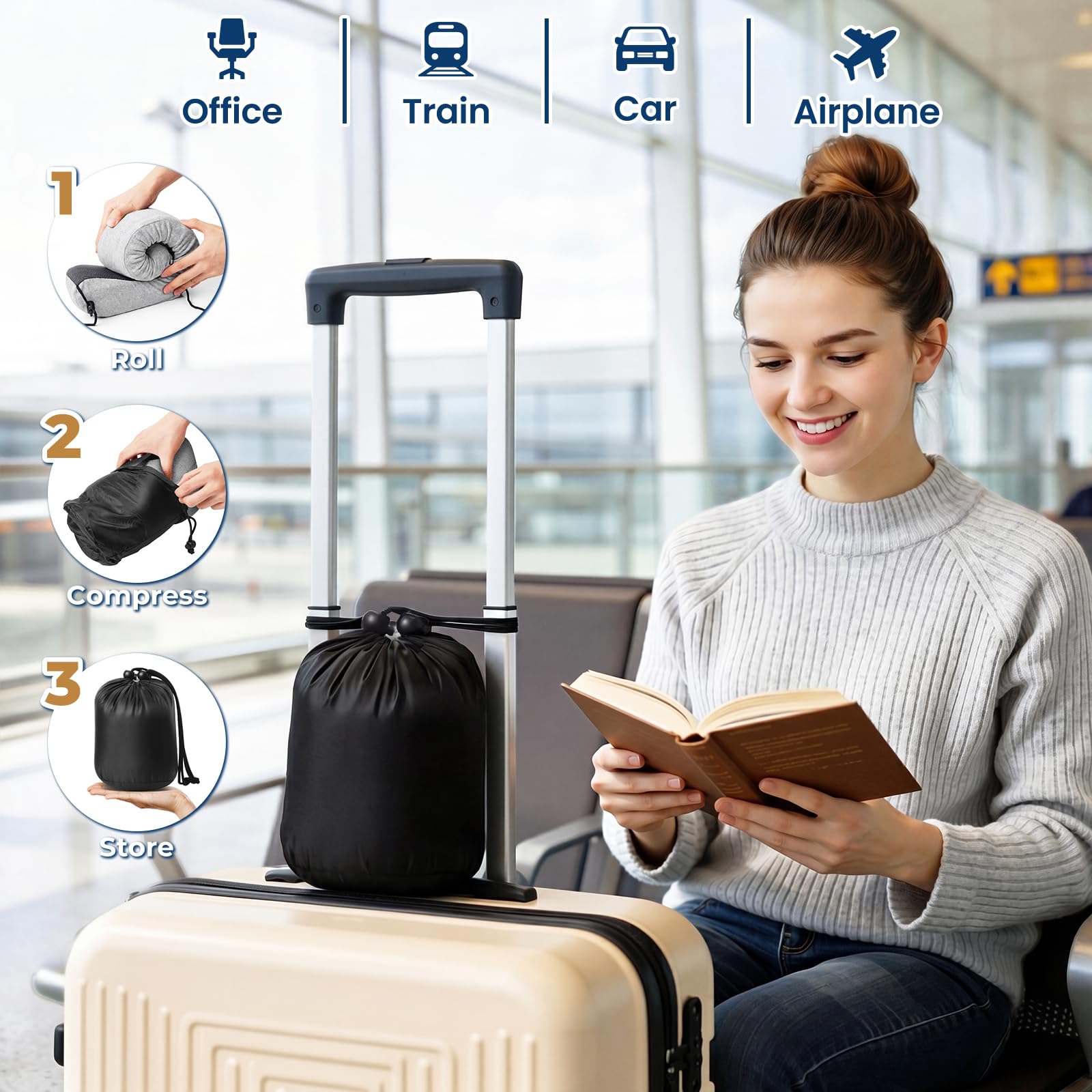ExploreBliss Almohada de viaje, almohadas de viaje para dormir en avión, almohada de cuello extraíble con cierre ajustable, juego de almohadas de espuma viscoelástica con máscara de ojos, tapones para