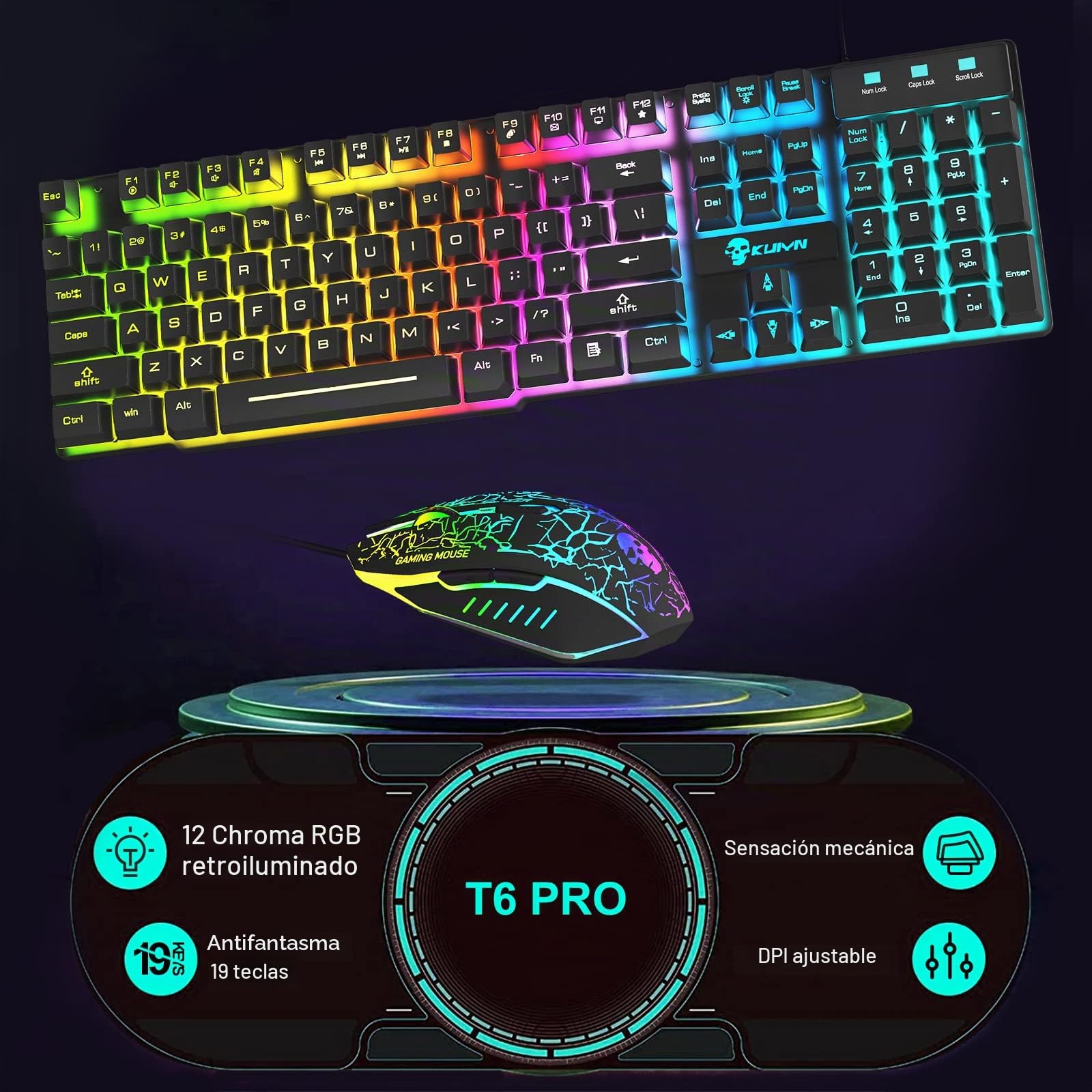 Juego de teclado y mouse para juegos con cable 12 modos de iluminación RGB 104 teclas Teclado iluminado anti-ghosting completo 2400 DPI 6 botones Ratón óptico USB para juegos Compatible con PS4 Negro