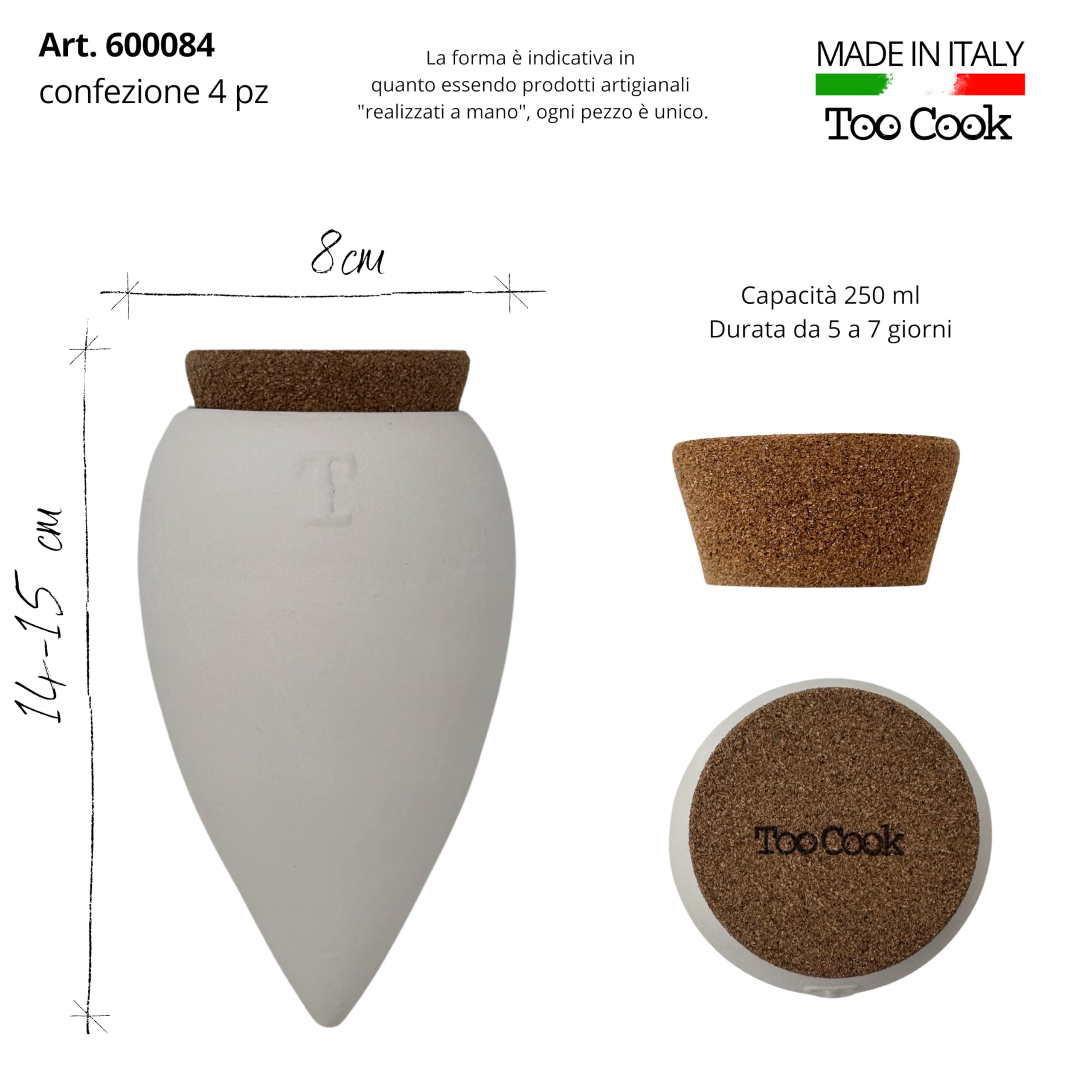 Olla in Terracotta Bianca per Irrigazione Automatica – Autonomia fino a 15 Giorni – A Lento Rilascio Per Piante Grasse a basso fabbisogno idrico da Interno ed Esterno – 250 ml (Bianco 4 Pz)