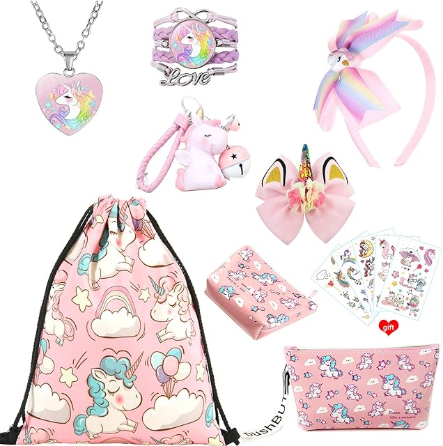 Zcoins Unicorn Gifts for Girls, Pink Drawstring Bag Coin Purse Makeup Bag Necklace Bracelet Hair Accessories Bag Charms and Temporary Tattoos