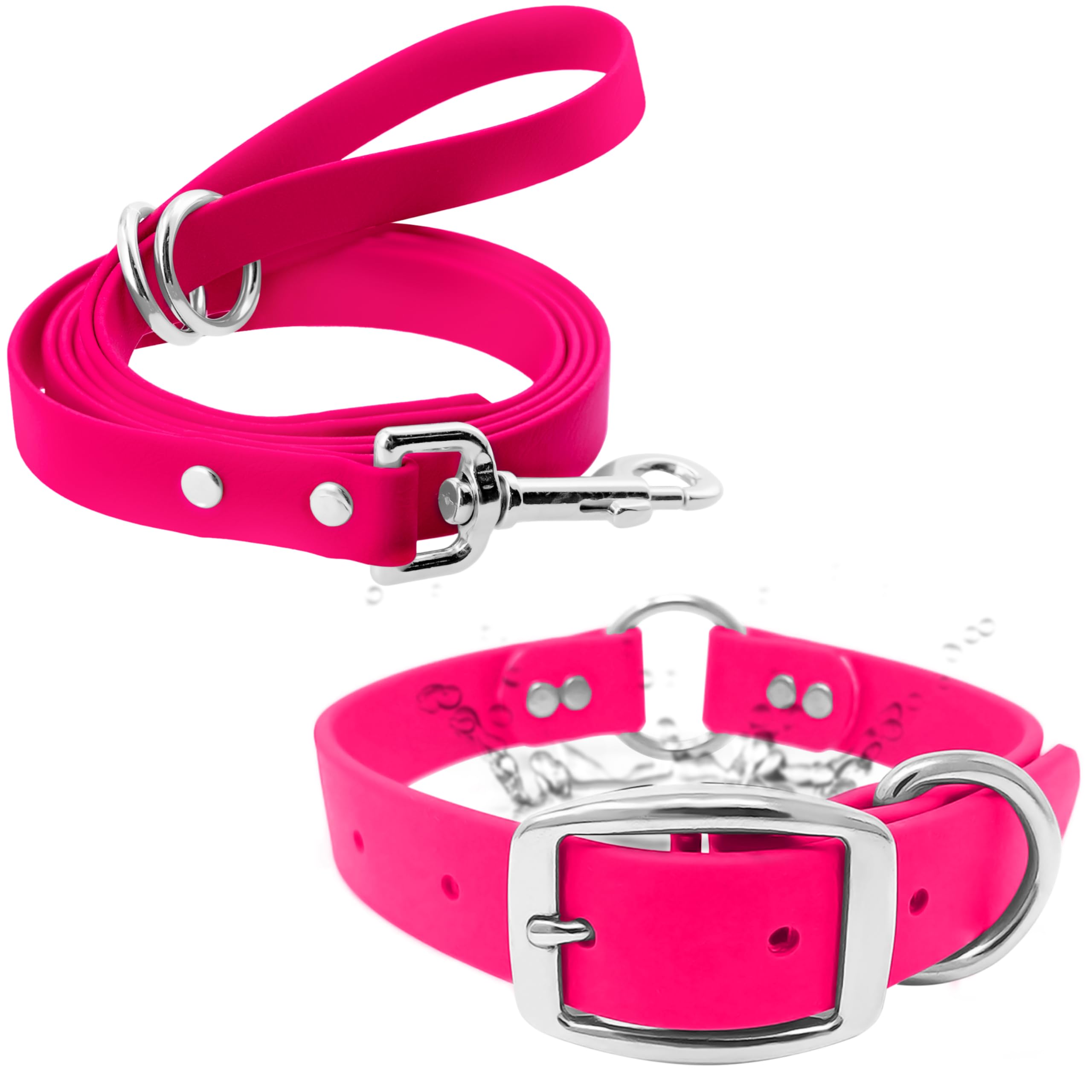 Regal Dog Products Large Pink Waterproof Biothane Dog Collar and Leash Set - Vinyl Coated Pet Training Collar with Heavy Duty Center Ring & 5'ft Leash