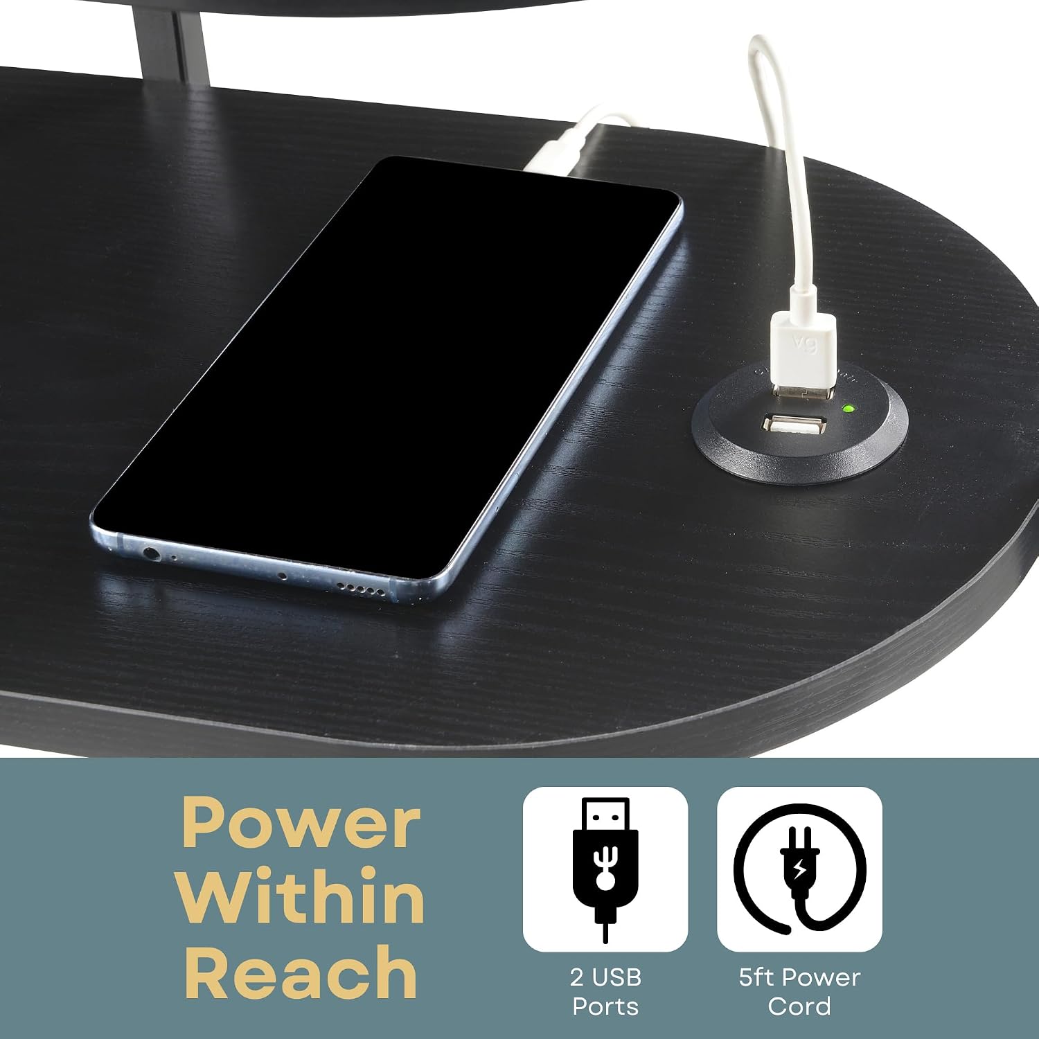 Convenience Concepts Simon Chairside End Table with USB Ports 23.75" - 3-Tier Oval Side Table for Family Room, Modern Shelves for Display in Living Room with Charging Station, Black, Black