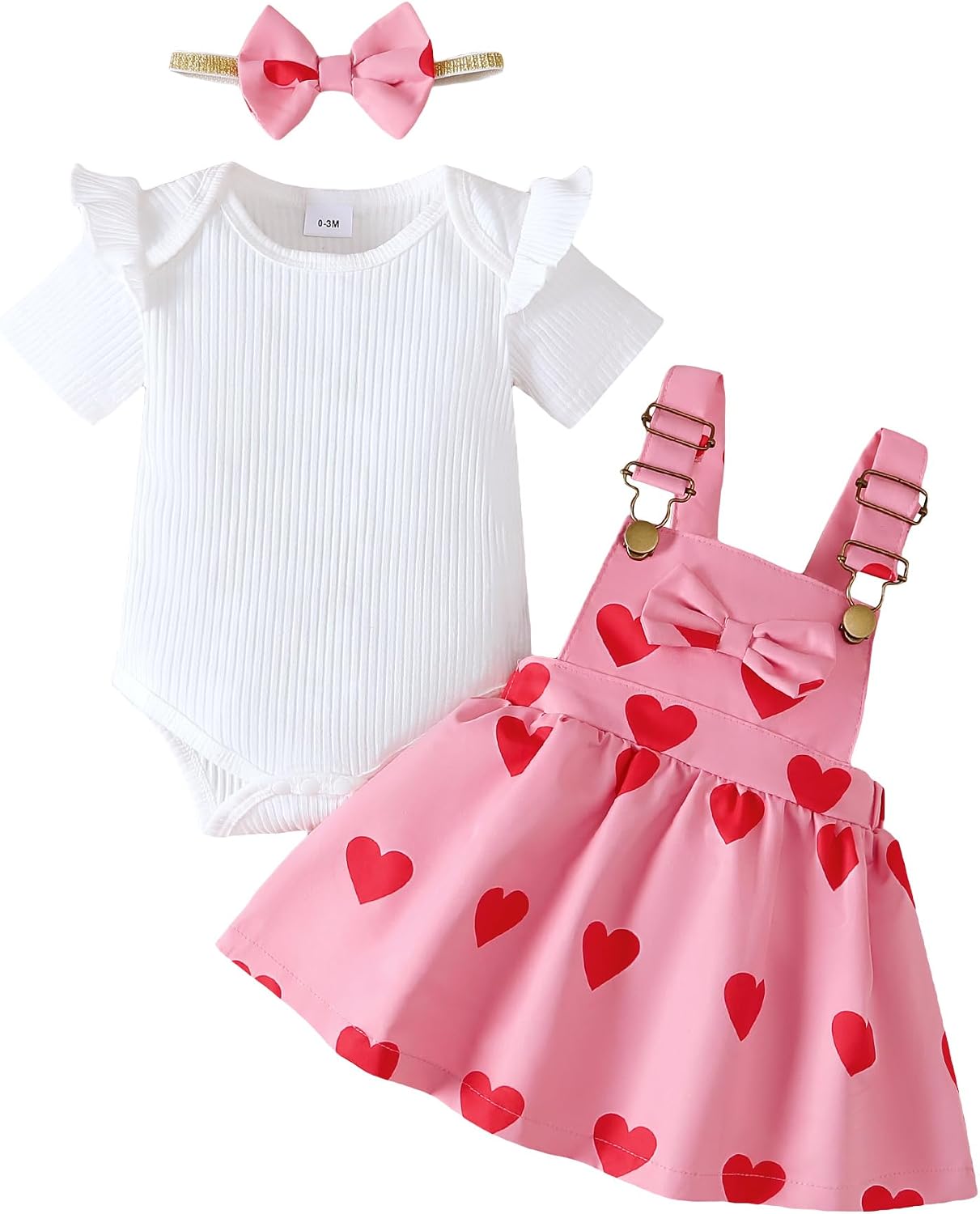 Newborn Baby Girl Clothes Short Sleeve Ribbed Tops Heart Daisy Bow Suspender Skirt with Headband Sets
