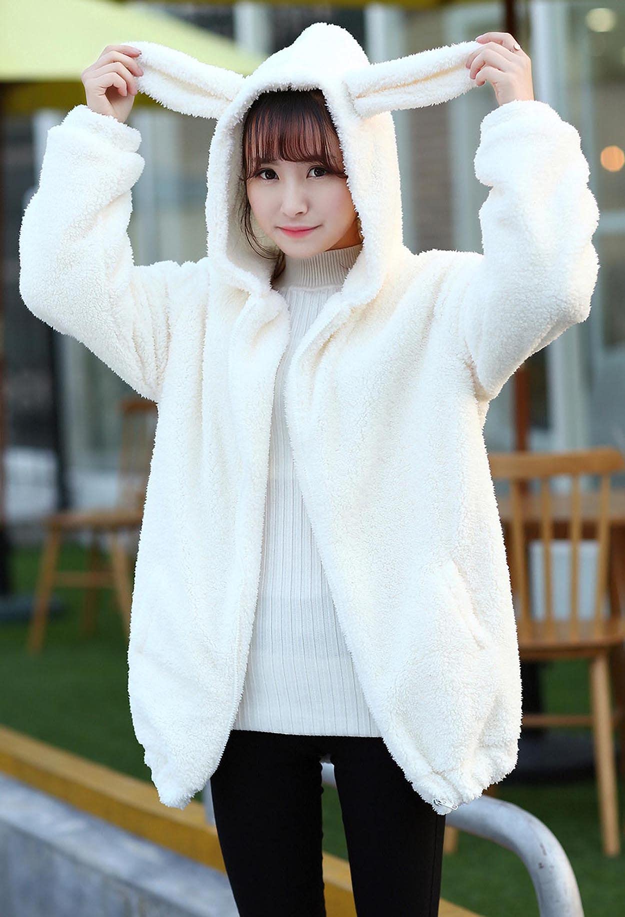 YUNZLAN Fluffy Fashion Tail ears Hoodie For Women Girl,Winter Warm Plush Sweatshirt Sweater Animal Jacket Hoodies: One Size White Rabbit
