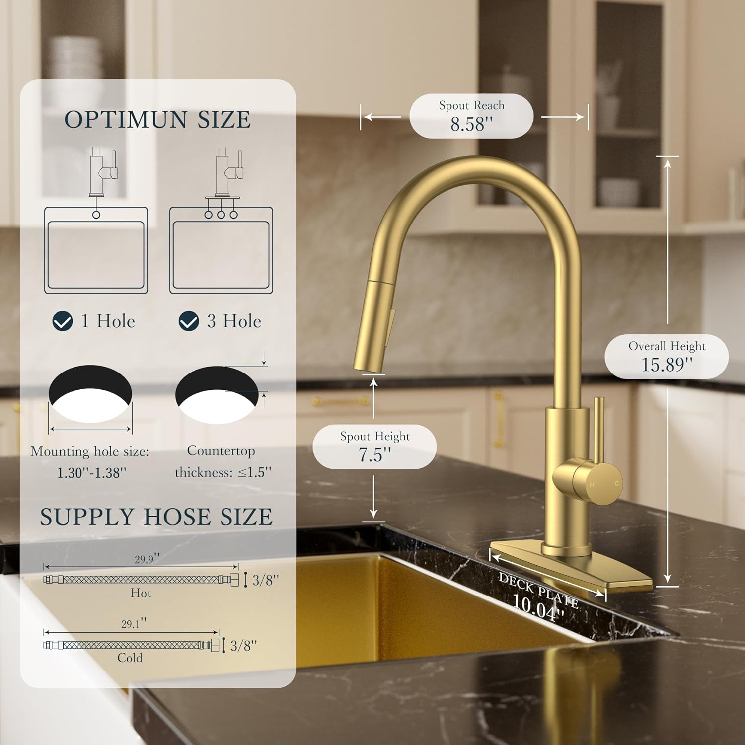 FORIOUS Kitchen Faucets with Pull Down Sprayer, Gold Classic Single Handle Stainless Steel High Arc Faucet for Kitchen Sink, 1Hole with Deck Plate, Sink Faucet for Bar RV Farmhouse Outdoor Laundry