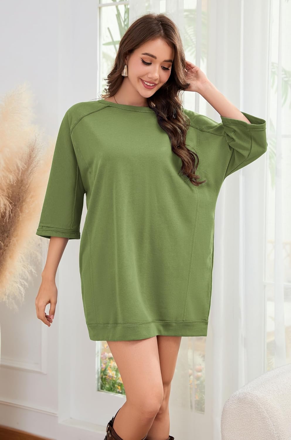 Womens Long Oversized T-Shirts 3/4 Sleeve Fashion Casual Sweatshirts Dresses Half Sleeve Pullover Tops Spring Outfits(Green,M) - Image 6