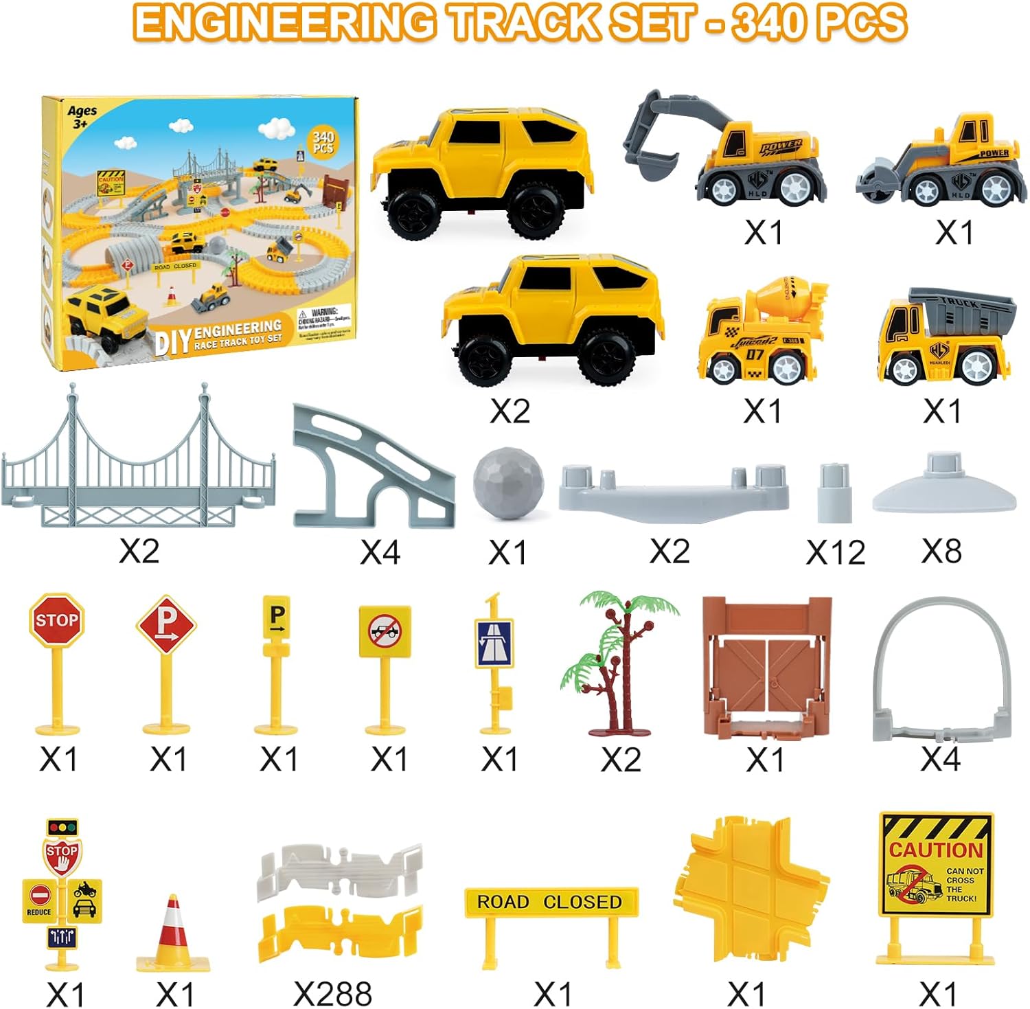 Construction Race Tracks Toys for Kids - 330+ PCS Track Play Set with Cars and Construction Trucks, Best Birthday Gifts for 3 4 5 6 7 Year Old Boys, Flexible DIY Engineering Building Set
