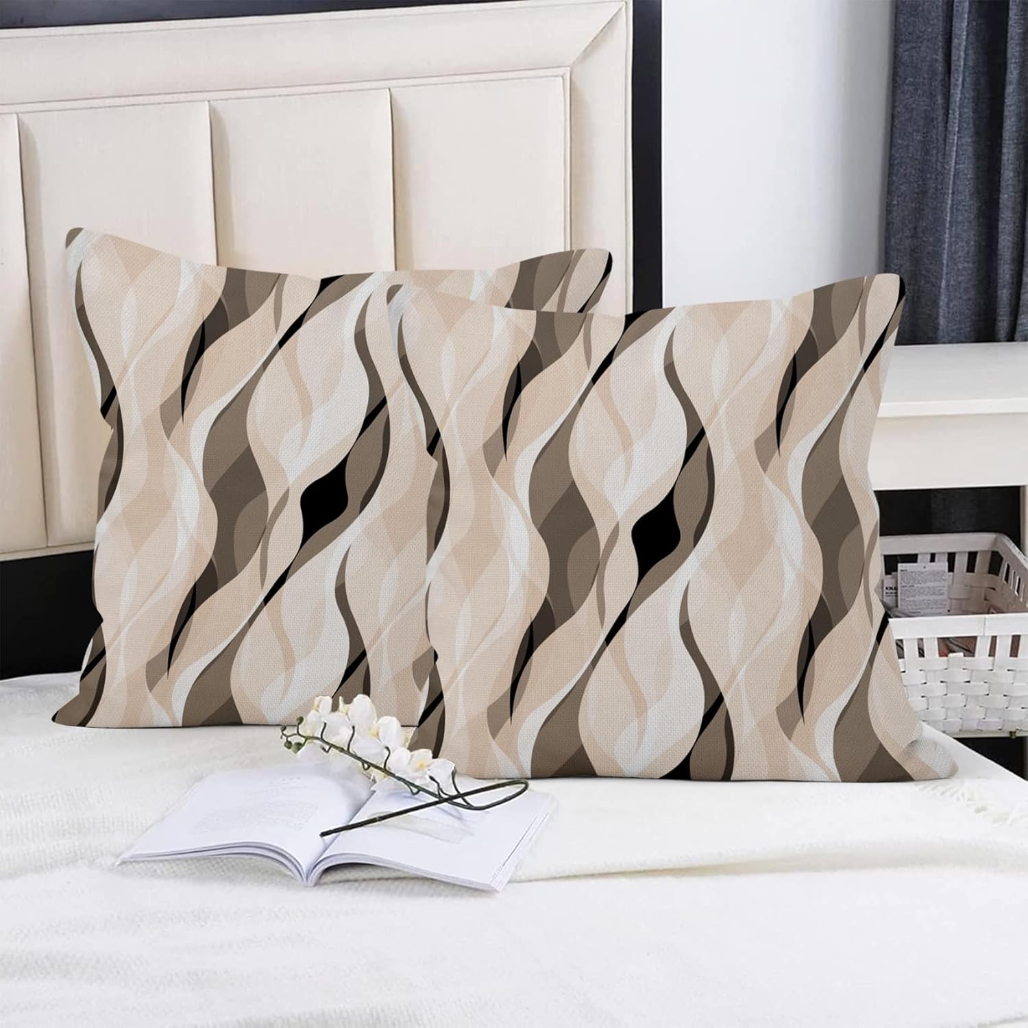 Cream Pillow Covers 20x20 Inch, Modern Grey and Cream Striped Throw Pillow Covers Square Cotton Linen Couch Pillow Cases, Set of 4 (No Inserts)