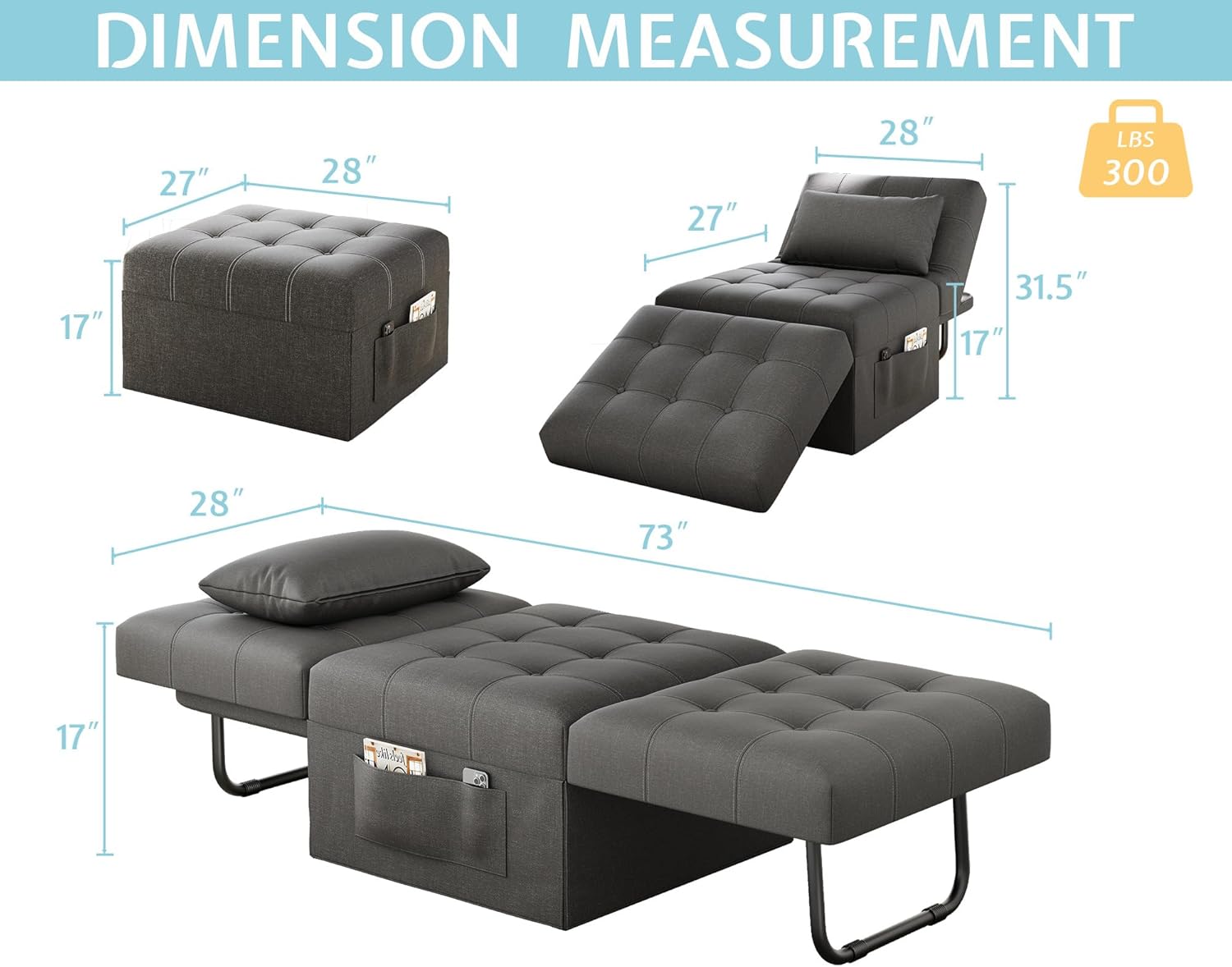 Dimension measurements for the VanAcc Sofa Bed in ottoman, lounger, and bed configurations.