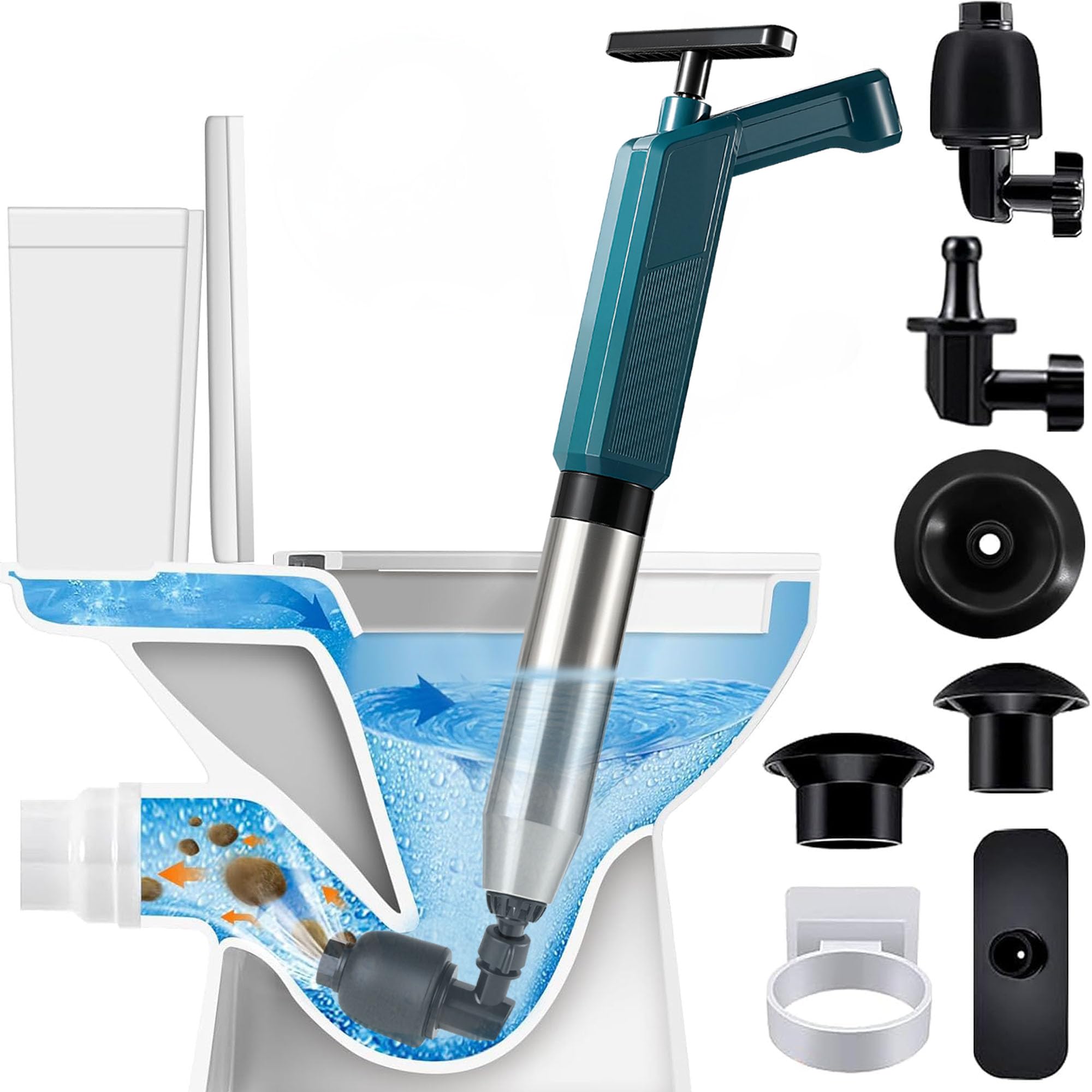 Stura WC, sturalavandino a pressione, Stura Scarichi a Pressione con Quattro Diverse Ventose, Pompa Stura Scarichi a Pressione con Barometro per Disintasare Lavello, Vasca, Scarico a Pavimento