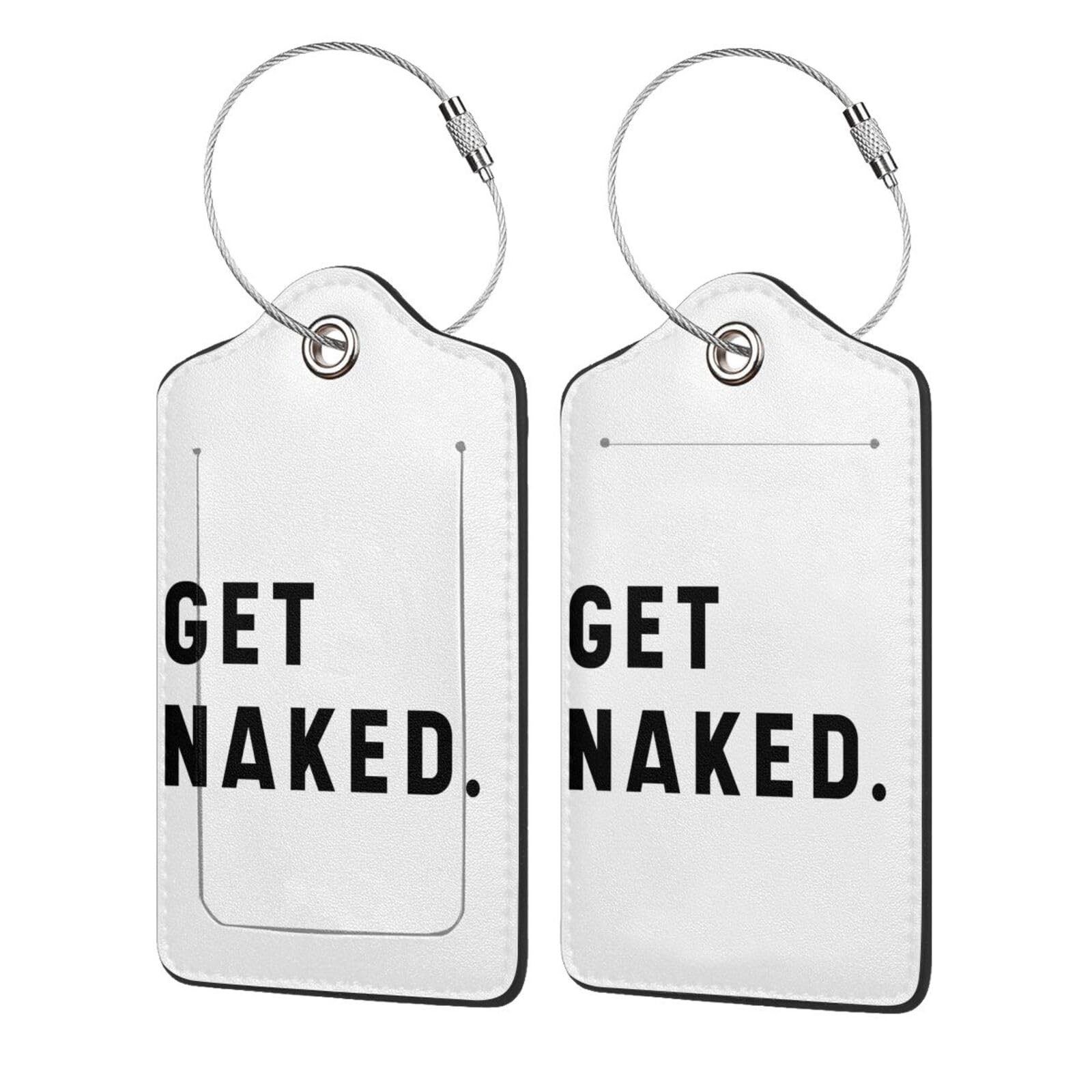 Paquete de 2 etiquetas de equipaje con texto en inglés "Get Naked" para maletas, piel sintética, protección de privacidad, etiquetas esenciales de viaje