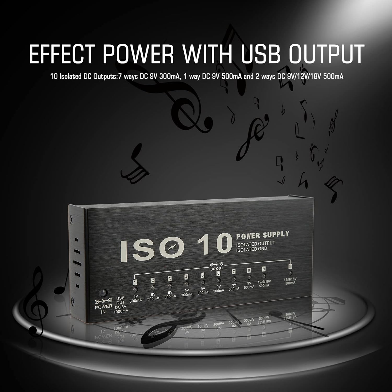Guitar Supply, 10 Output Effect Power Supply USB Output Isolated Pedalboard Supply Multi Effect With LED Indicator 2 Adjustable Voltage (US Plug