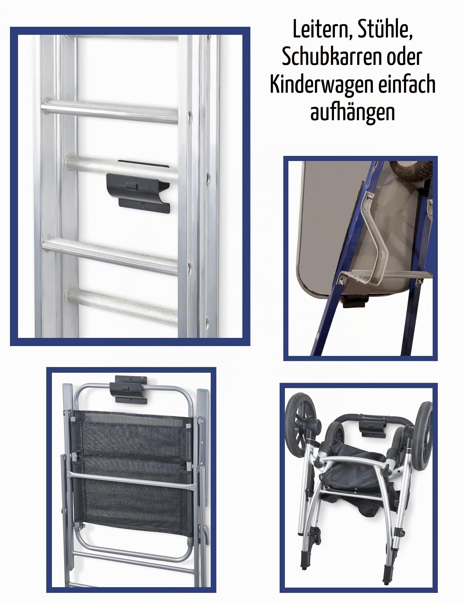 Leiterhaken Schwarz - Leiter Aufhänger, Robuste Wandhaken zum Schrauben | Schwarzer Leiterhalter für Garage und Schuppen, Wandhaken zum Schrauben für Klappstühle, Werkzeug, Gartengeräte