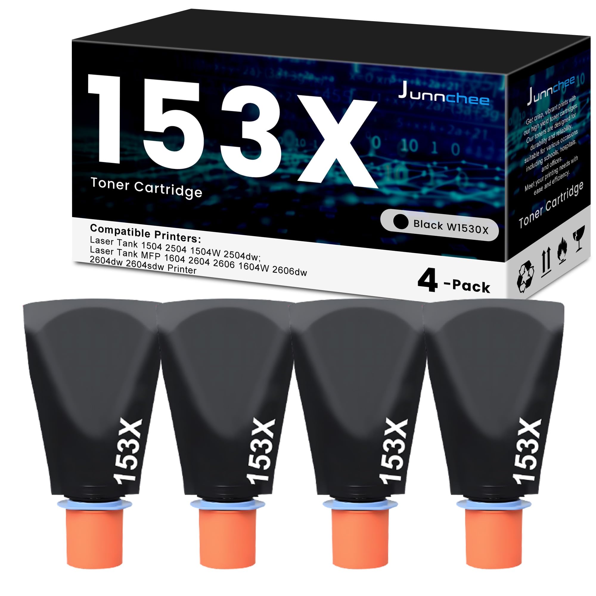 Junnchee 153X W1530X Toner 4PK Replacement for HP W1530X 153X Black High-Yield Toner Reload Kit for Tank 1504/2504 Series MFP 1604/2604 Series Printer