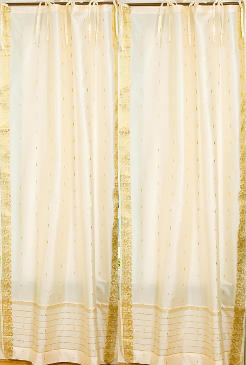 Handcrafted Cream Indian Sari Curtains, Tiebacks Included Lined Tie Top Sari Sheer Curtains, 43" W x 24" L, Privacy & Insulation for Living Rooms, Bedrooms, and Dining Rooms, Sold in Pairs