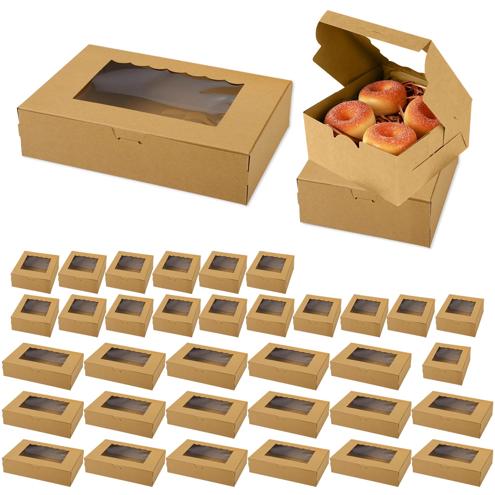 Brown Bakery Box with Window, 28Pcs Rectangular Kraft Cardboard Packaging Boxes, 5x5x2 inch 8x5x2 inch Christmas Pastry Cookies Muffins Pies Brownie Macaron Bakery Boxes for Wedding Birthday Party