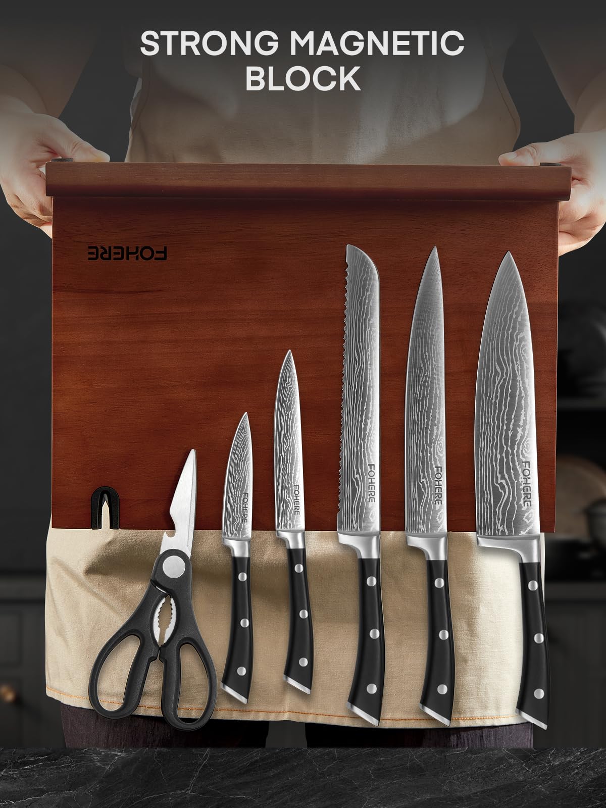 Messerblock mit Messer, FOHERE 7-teilig Messerset mit Magnetischem Messerblock und Schärfer, Edelstahl Messerset mit Holzblock, Profi Kuchenmesserset mit Brotmesser, Kochmesser und Schere