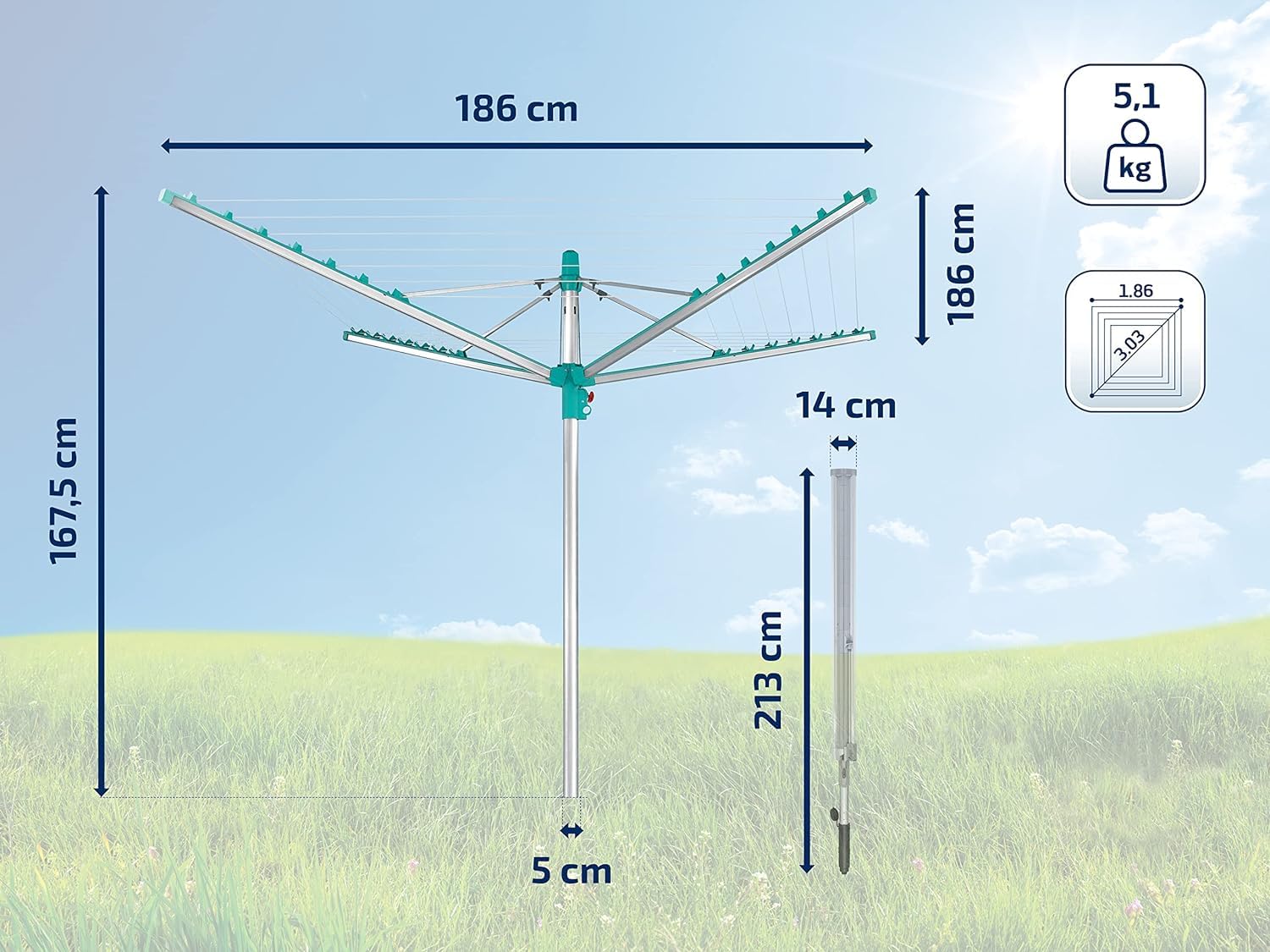 Leifheit Linomatic 400 Easy Wäschespinne, 40 m Wäscheleine, inkl. Bodenhülse