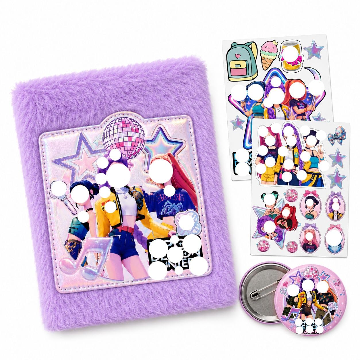 K Pops Demonsed Hunterszrik 3-in-1 Gift Combo for Girls | A6 Soft Fur Diary with 70 Ruled Pages + 2 Sticker Sheets + 1 Badge | Cute anime Stationery Set | Journal Writing Gift for Kids, Teens (small fur diary)-image-10