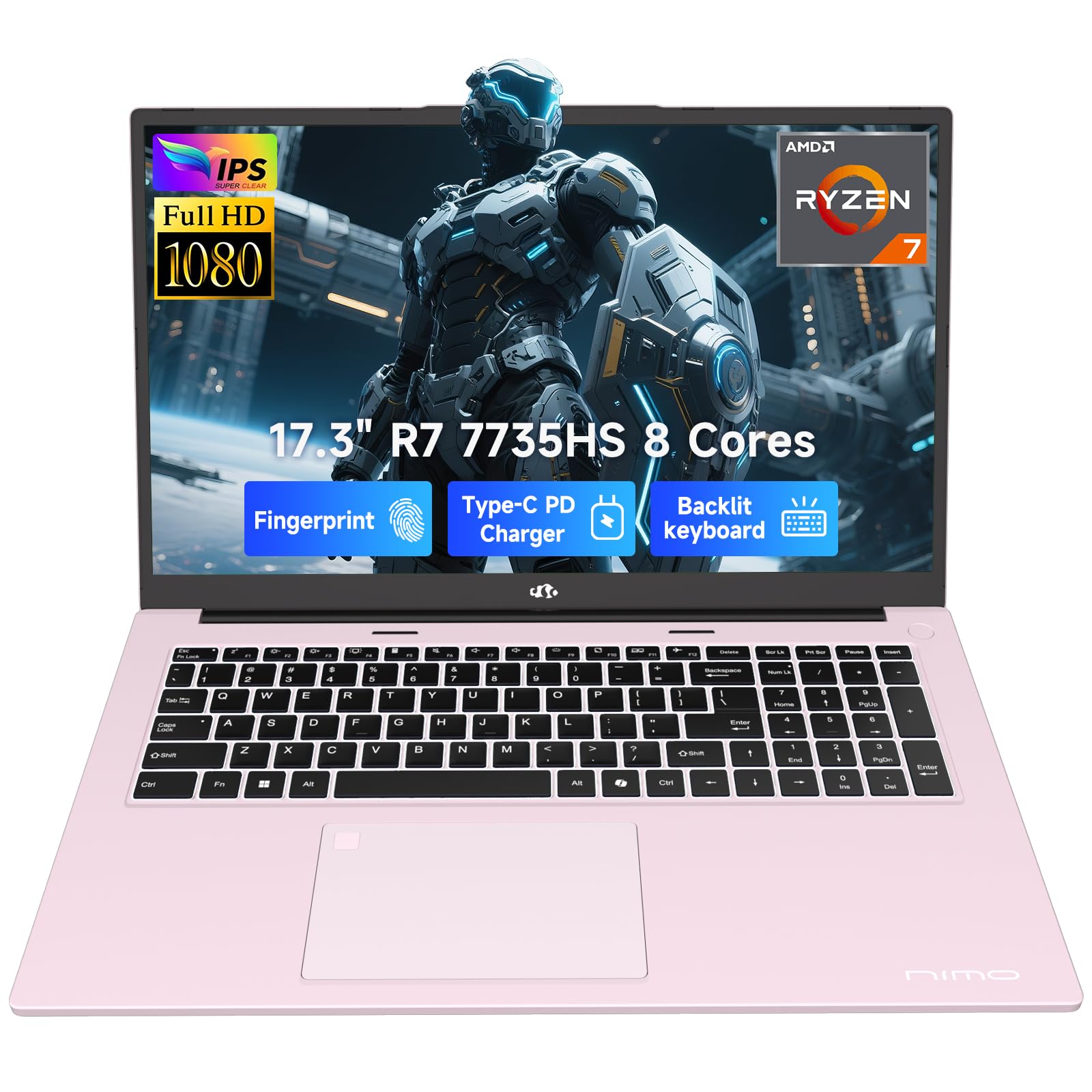 2025 Gaming-Laptop, 17 Inch AMD Ryzen 7 7735HS (8C/16T, Beats i7-12650H) 16GB DDR5 RAM 1TB SSD Computer with Radeon 680M, 100W Type-C, WiFi-6E, 58Wh Battery, Fingerprint, Backlit KB for Business