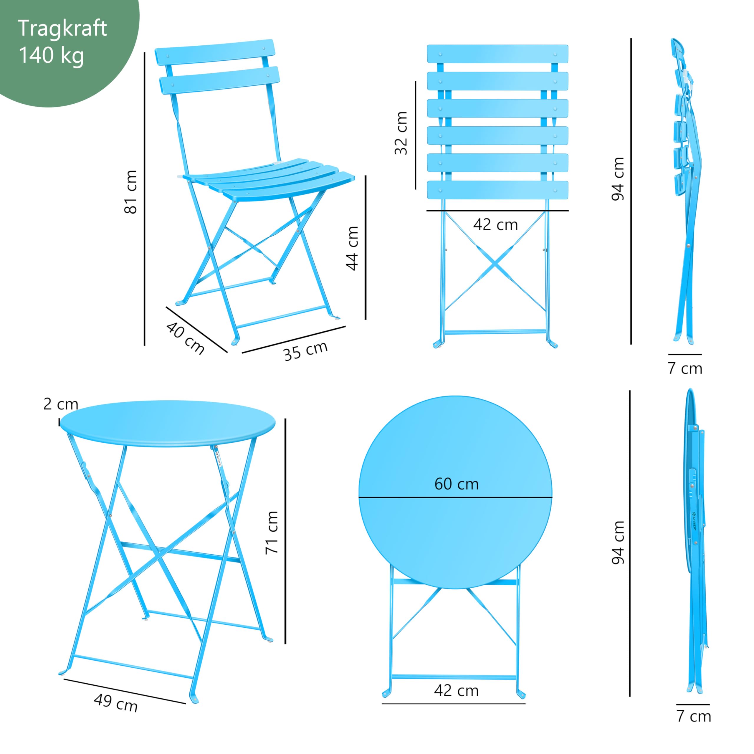 KESSER® Juego de Muebles de Jardín de 3 Piezas con 2 Sillas Plegables, Juego de Muebles de Balcón, Mesa de Metal