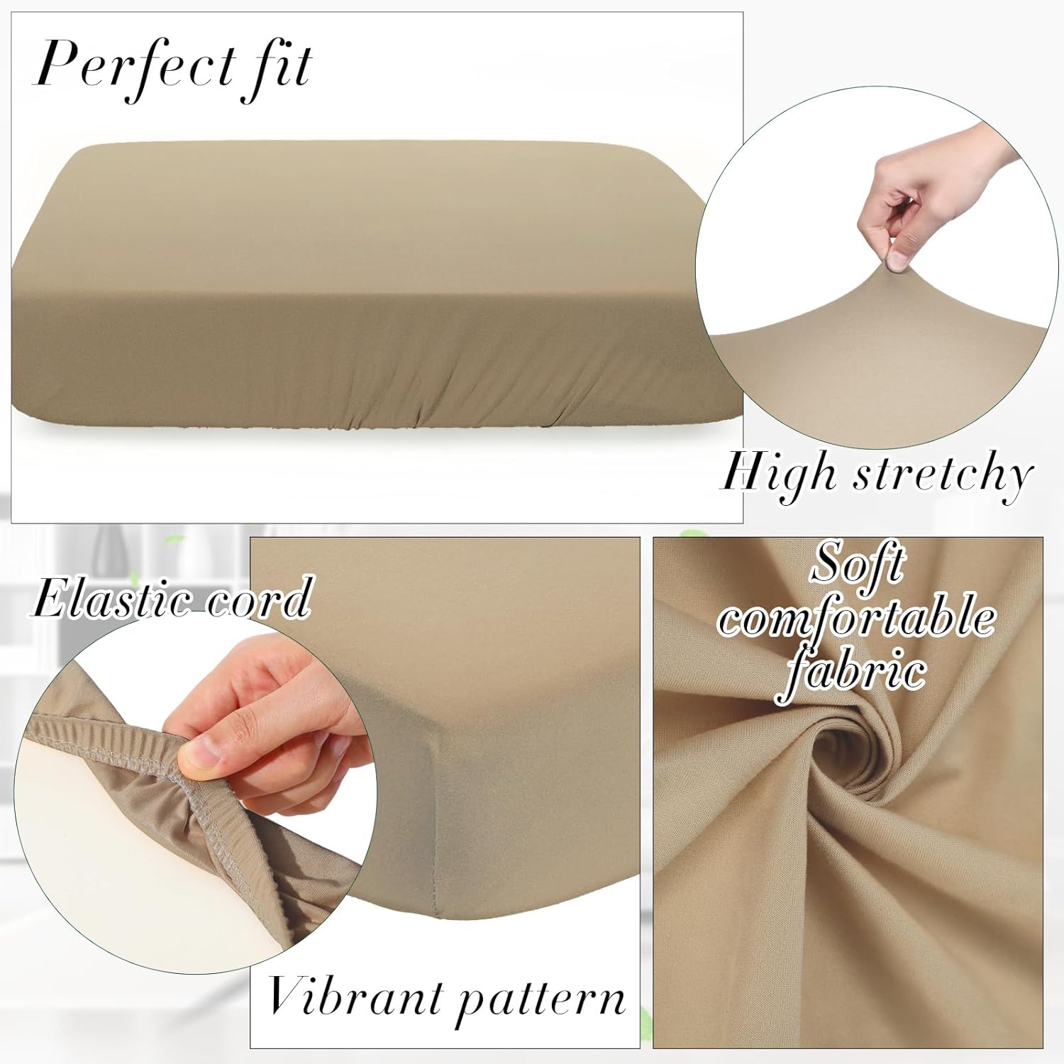 Newwiee Set of 4 Stretch Patio Cushion Covers Sofa Couch Seat Chair Slipcovers Cushion Cover Replacement Furniture Protector for Pets Washable(Sand,Seat Cover,Solid)