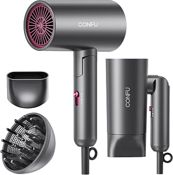 CONFU Diffuser Hair Dryer for Curly Hair,1500W Fast Drying Blow Dryer with Diffuser for Women,Compact & Portable Negative Ion Hairdryer,Mini and Foldable Blowdryer Design for TravelGray