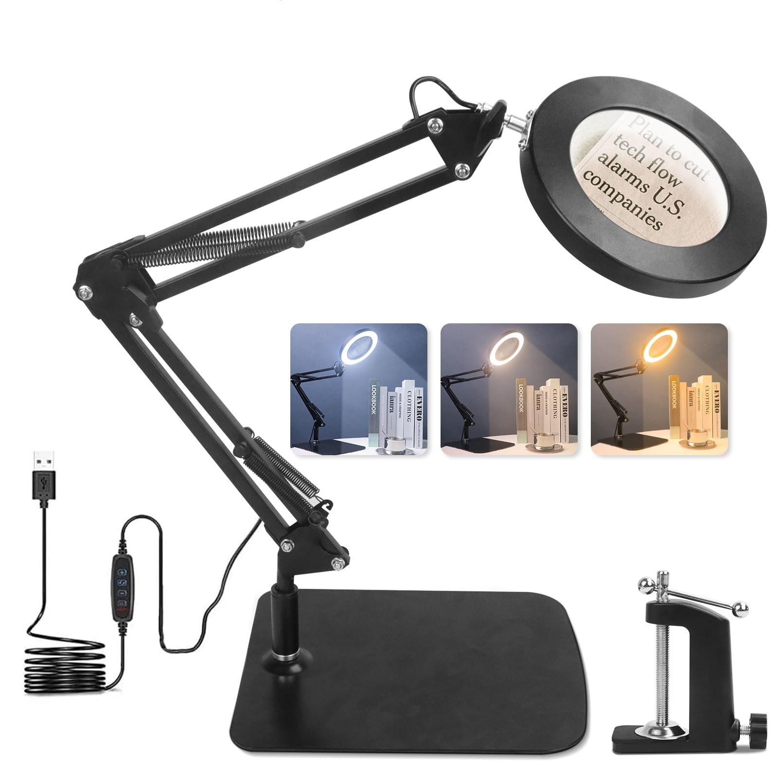 Lámpara de escritorio con lupa de luz y soporte, 10 lupa de lectura LED con pinzas y base, lámpara lupa de escritorio 3 colores, 10 brillo para lectura, reparación, artesanía