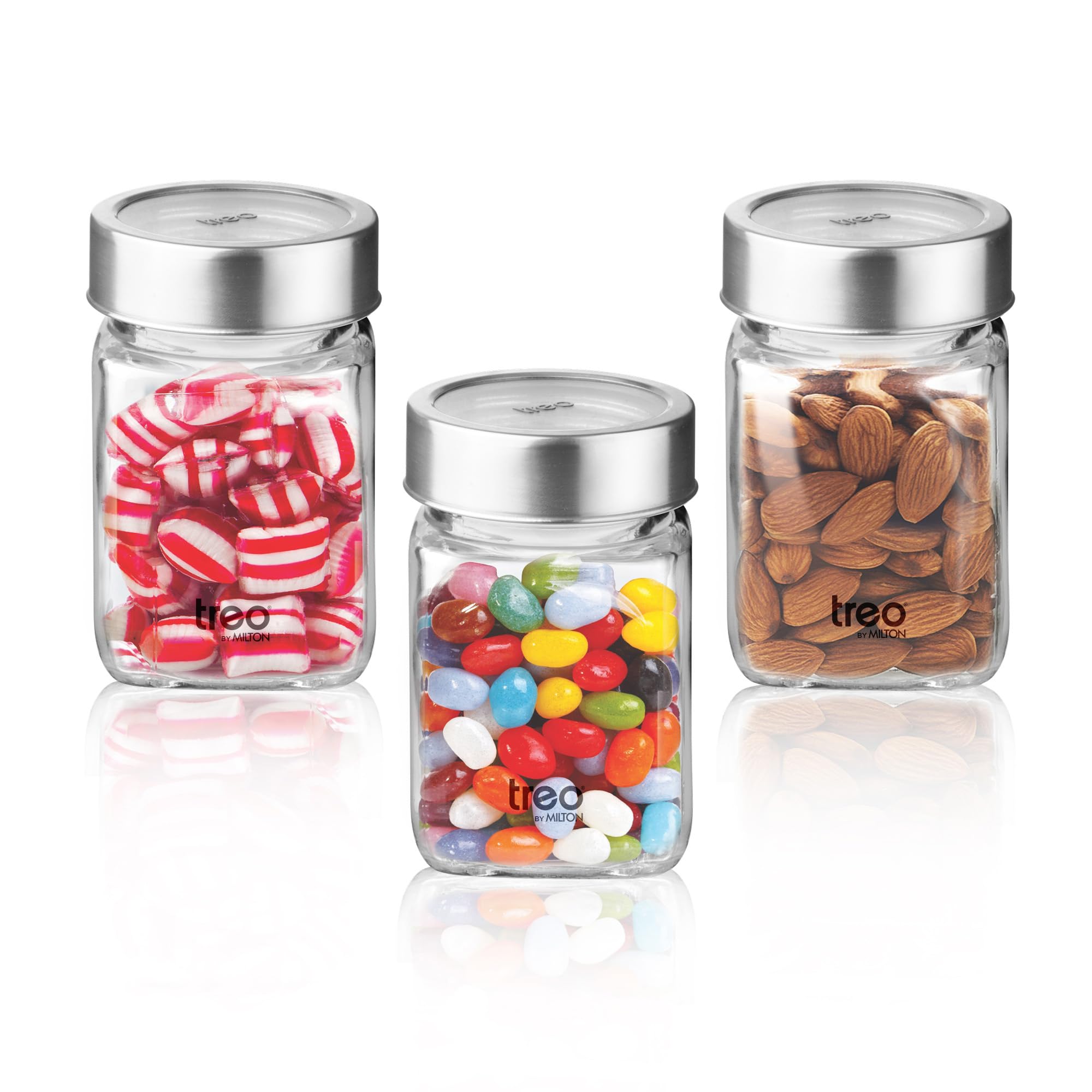 Treo by Milton Cube Storage Containers, Set of 3, Glass Jar with Air Tight Steel Lid, 310 ml each, Transparent Jars for Snacks, Pulses, Masala, Pickles, Cereals, Cookies, Dry Food