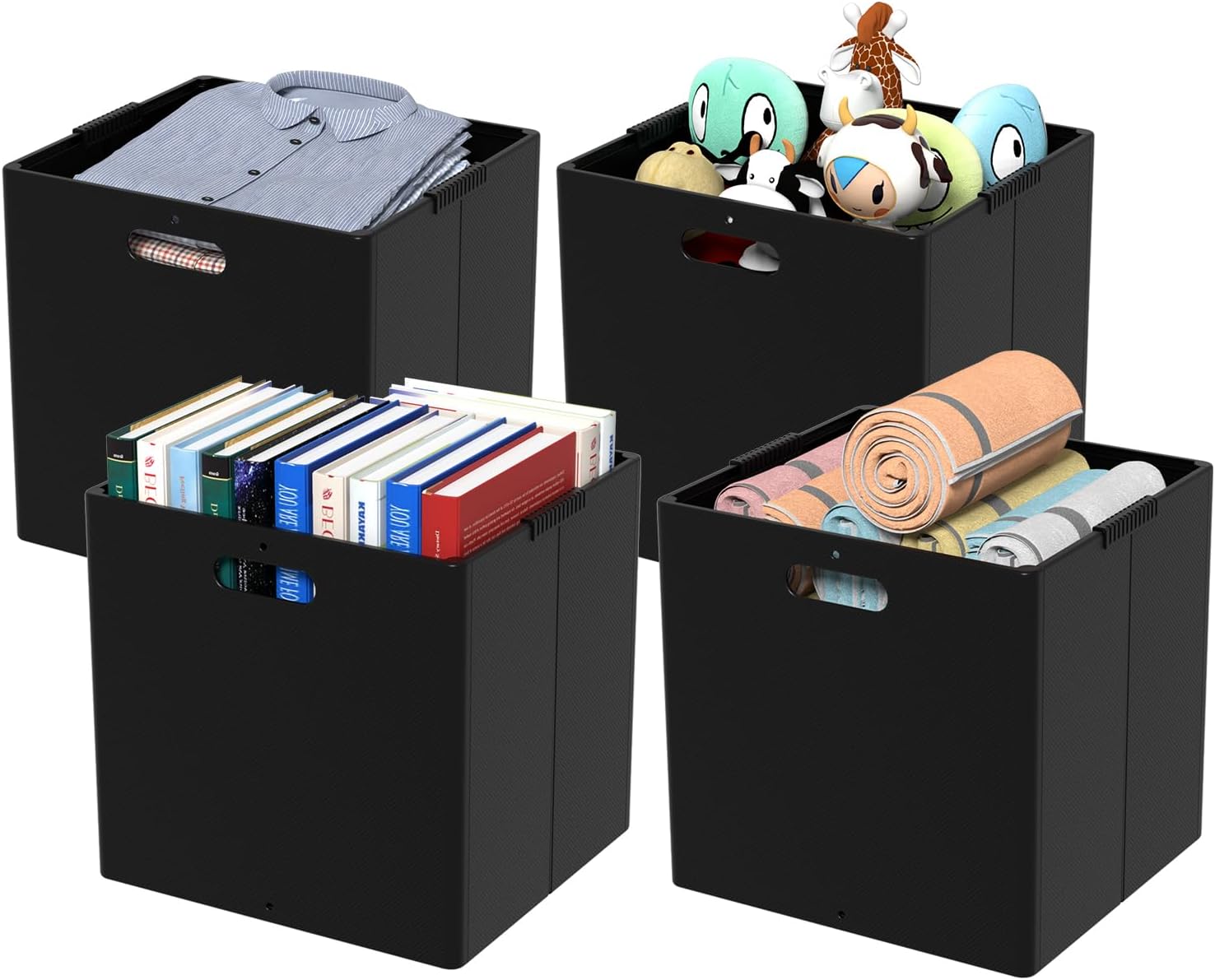 13 Inches Plastic Foldable Cube Bins, Black Plastic Collapsible Storage Cubes, 4 Packs 13 Inches Plastic Foldable Cube Bins, Black Plastic Collapsible Storage Cubes, 4 Packs