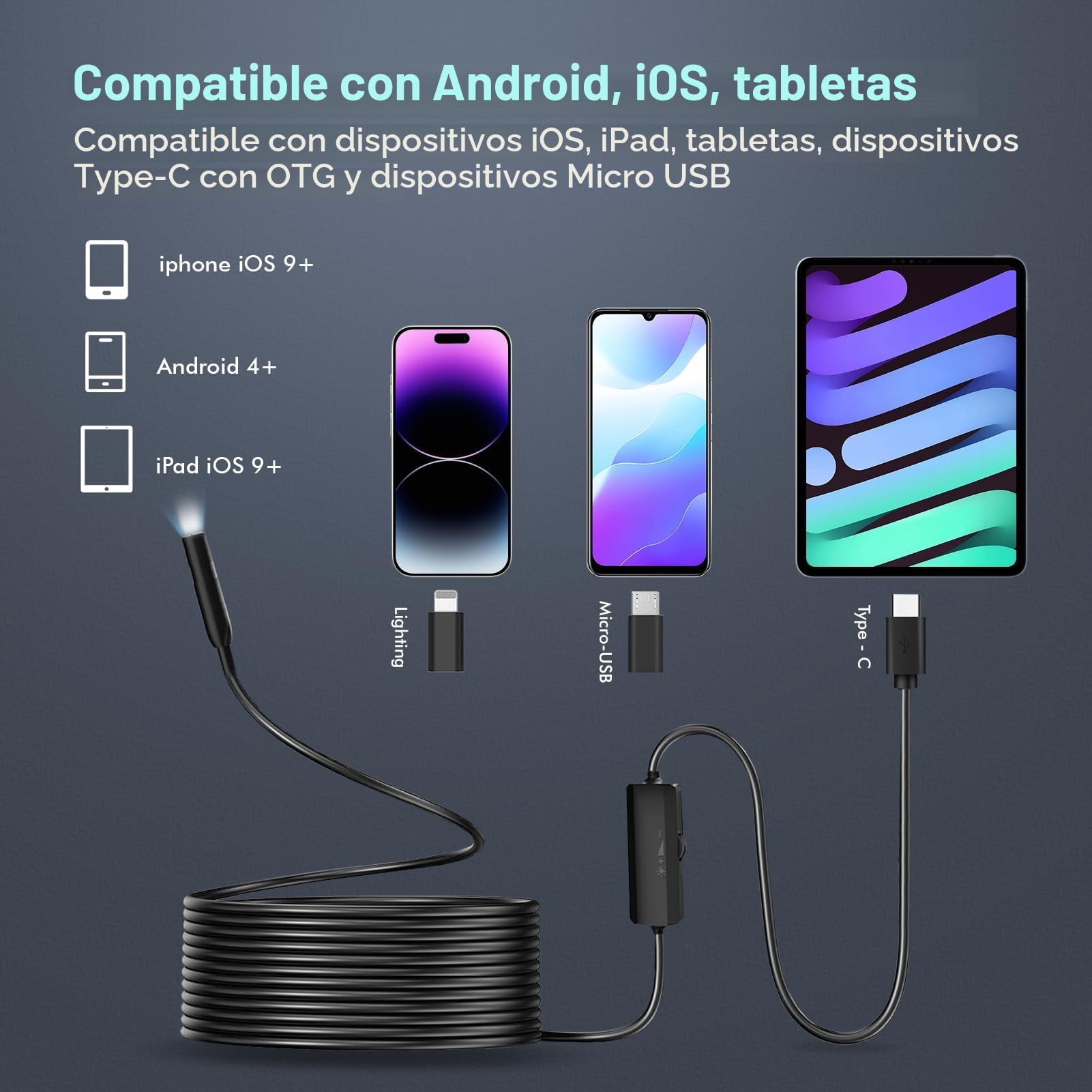 Endoscopio Cámara de Inspección 1920P，3 en 1 USB Cámara Endoscópica, Cámara de Alcance con 8 Luces LED para Android e iOS Smartphone, iPad (16.5 FT/5M)