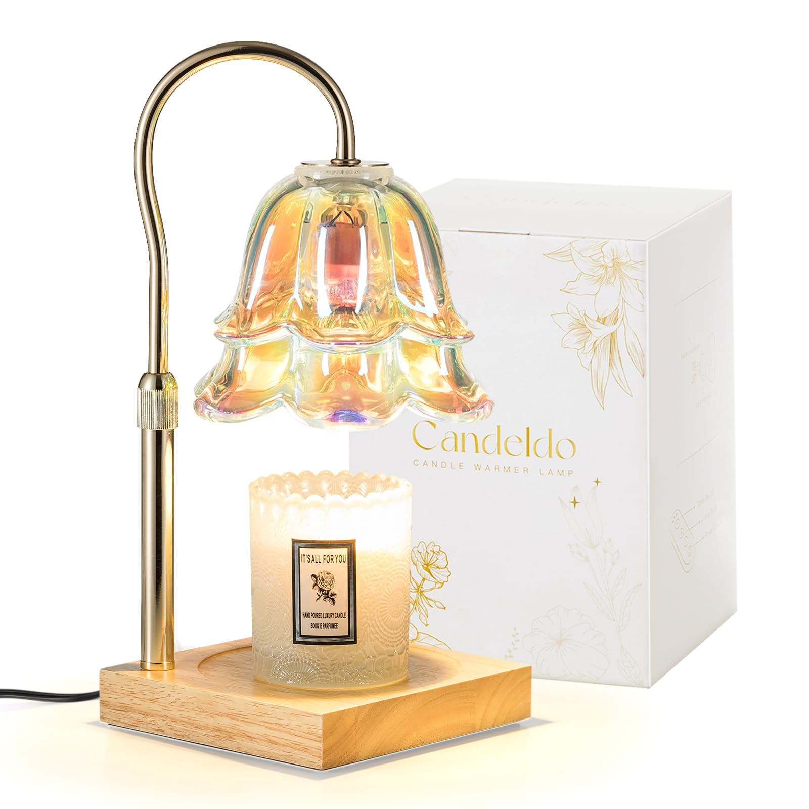 Candeldo Candle Warmer Lamp with Timer: Iridescent Flower Candle Lamp with 2 Bulbs Height Adjustable Home Bedroom Decor House Warming Gifts New Home for Women