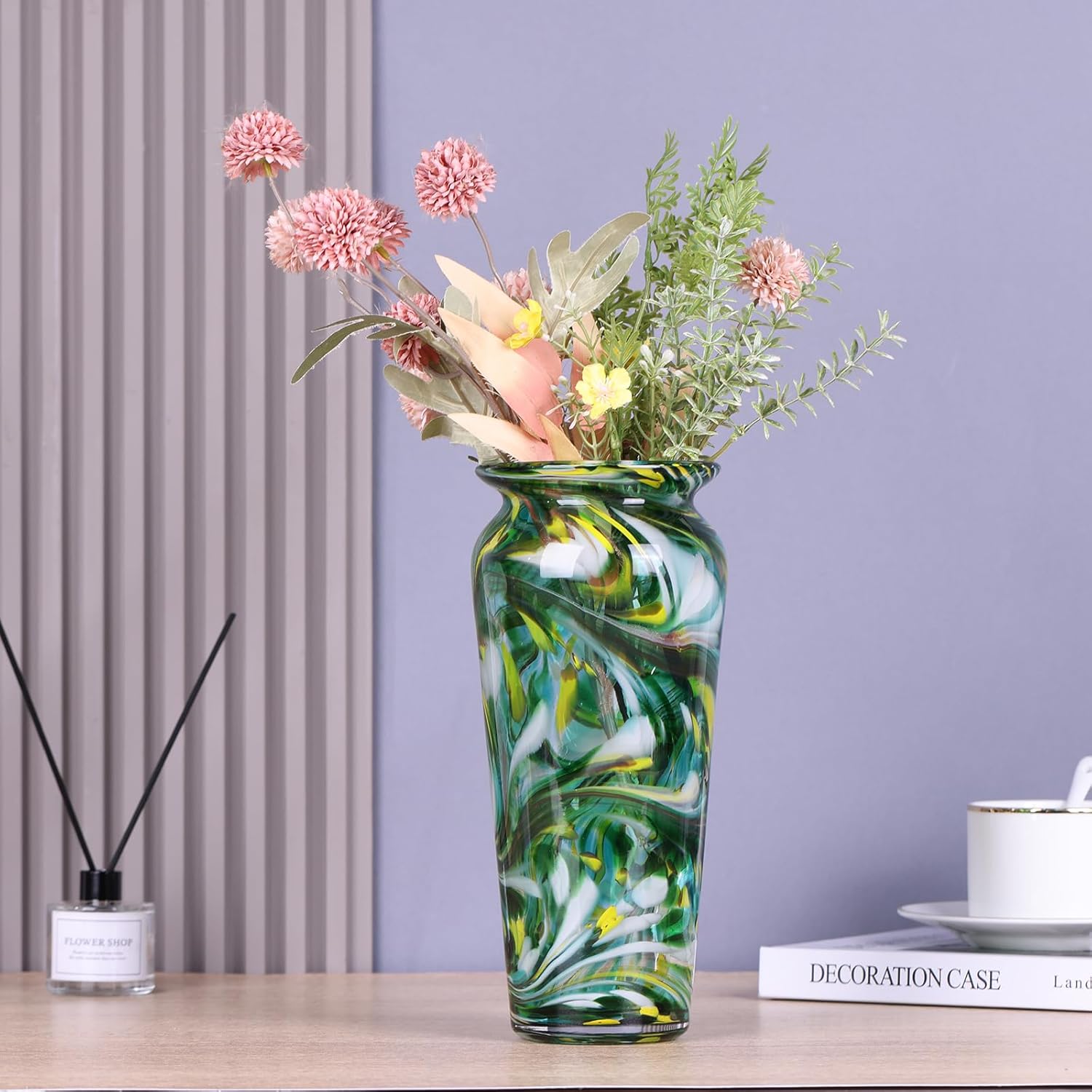 Green Hand Blown Glass Vase – Tall Speckled Decorative Centerpiece in Murano Style for Dining Table, Coffee Table, Mantel, Entryway, or Bookshelf in Coastal or Modern Decor (Green) - Image 7