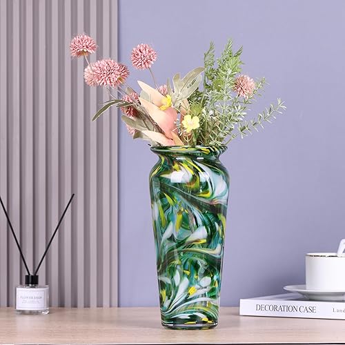 Miniatura 7 de Jarrón de vidrio soplado a mano verde  Centro de mesa decorativo alto moteado en estilo Murano para mesa de comedor, mesa de café, repisa, entrada o