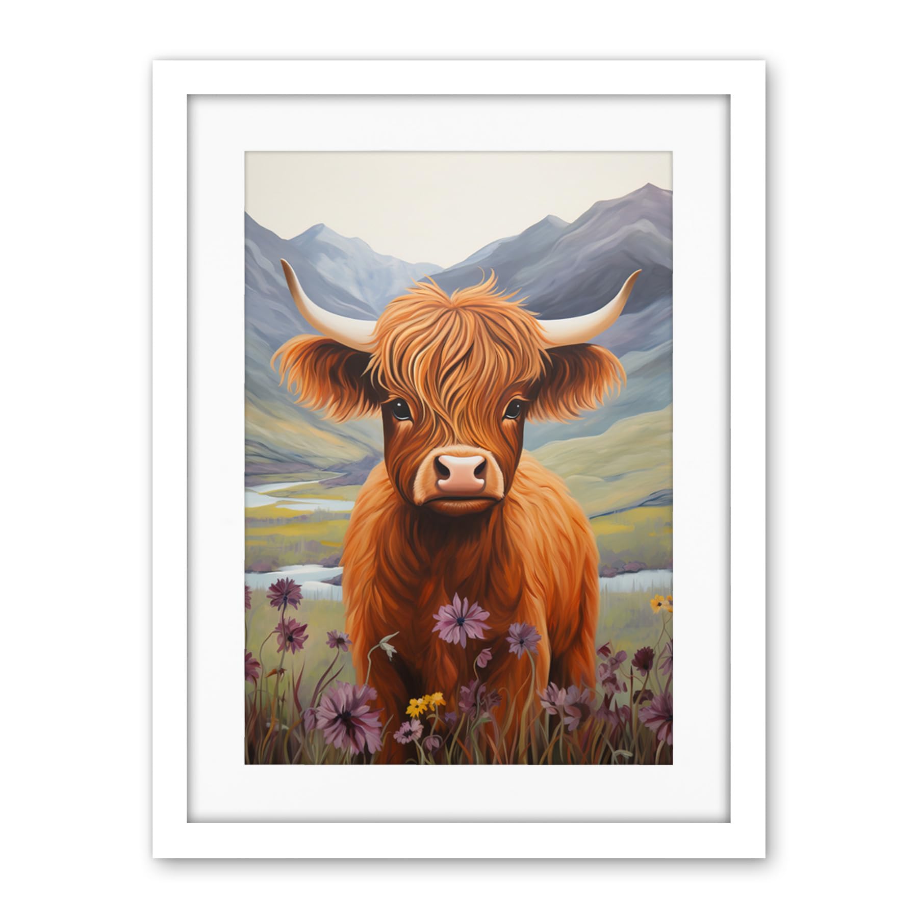 Artery8 Kids Bedroom Nursery Artwork Highland Calf Cow in Heather and Cornflower Glen Scotland Artwork Framed Wall Art Print 18X24 Inch