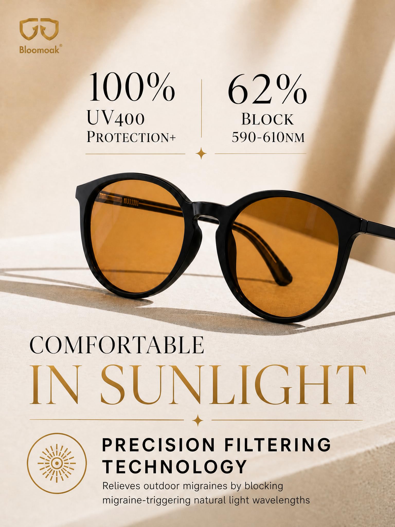 Bloomoak FL-ONE Lunettes anti-migraine teintées marron, lunettes anti-lumière bleue pour la photophobie et la sensibilité à la lumière, lunettes de soleil UV400 pour homme et femme, usage intérieur/ex