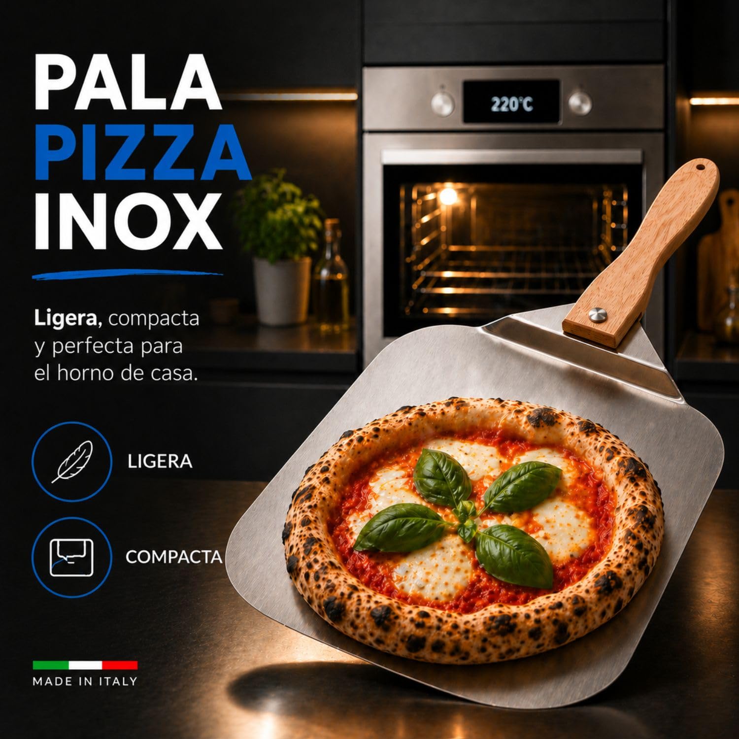 INOXLM Pala para pizza corta de acero inoxidable mango plegable de haya 33,5 x 30,5 cm, pala para pizza ligera y ahorra espacio, ideal para horno doméstico – Fabricado en Italia