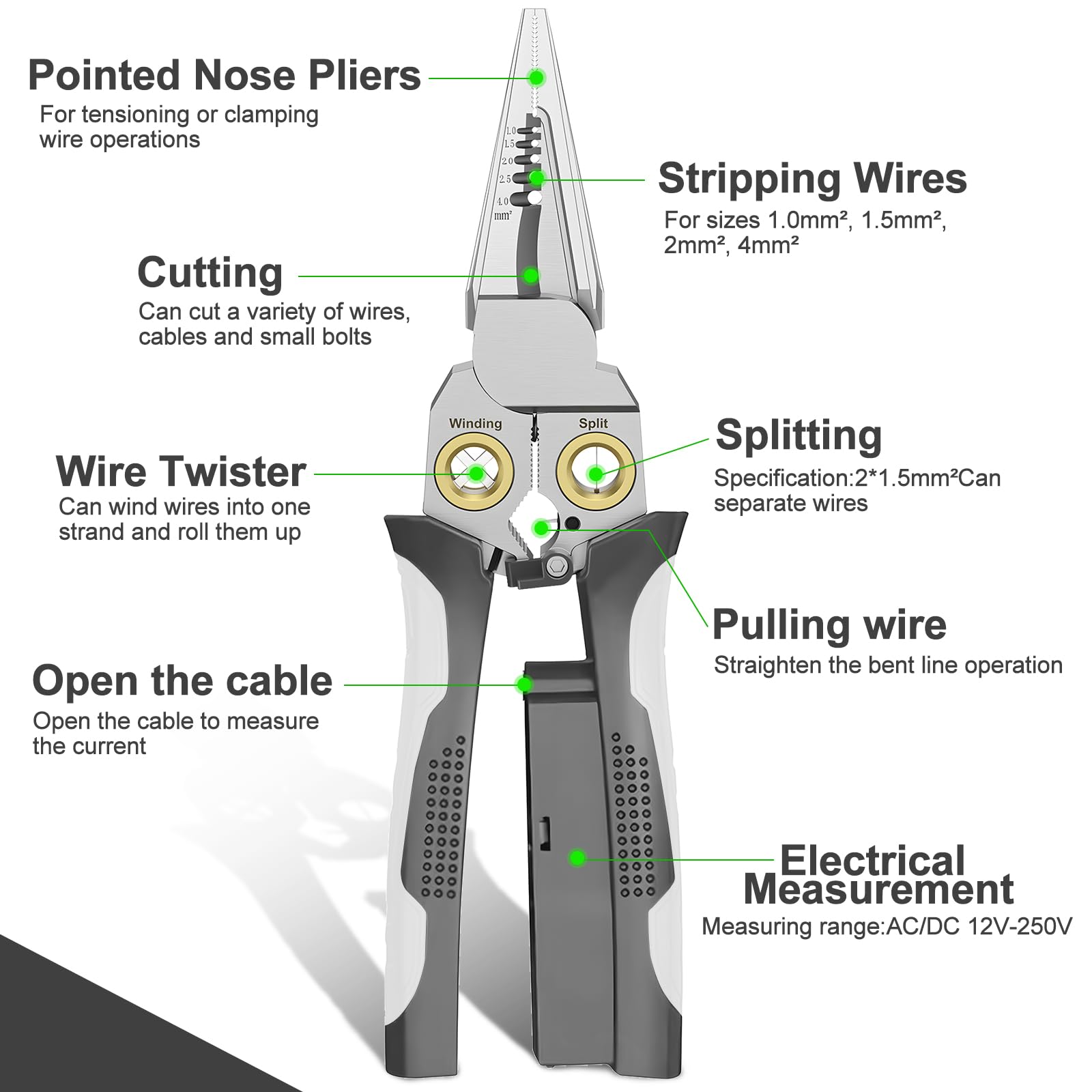 GADO Pro 8-in-1 Wire Stripper/Cutter with Voltage Tester & Dual Alarms - Heavy Duty 12-250V AC/DC Electrical Tester for Hot/Neutral Wires - Electrician, HVAC, Car Repair Tool (Gray) — Amazon image 6